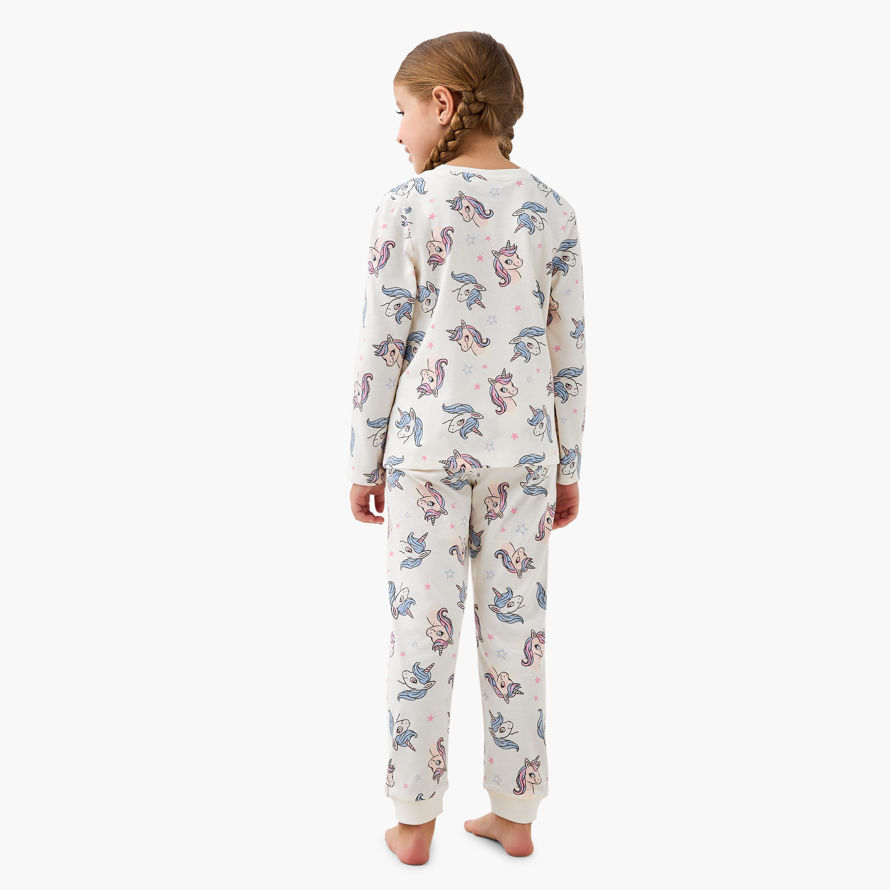 Pack of 2 Juniors Cotton Crew Neck Long Sleeves Pyjama Set with Unicorn Print