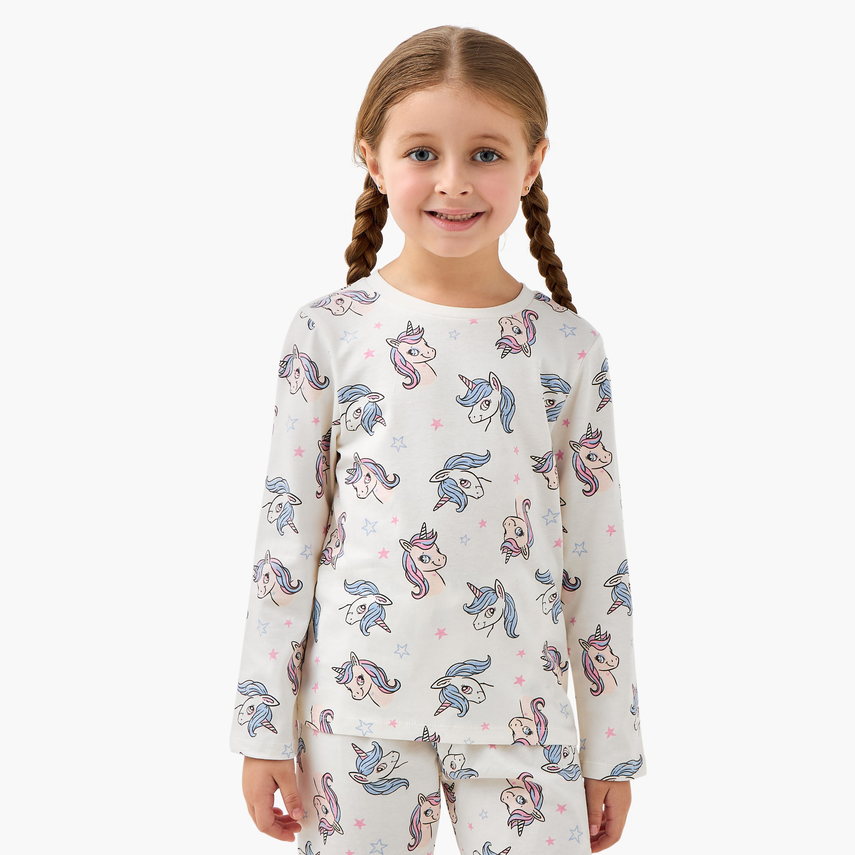 Pack of 2 Juniors Cotton Crew Neck Long Sleeves Pyjama Set with Unicorn Print