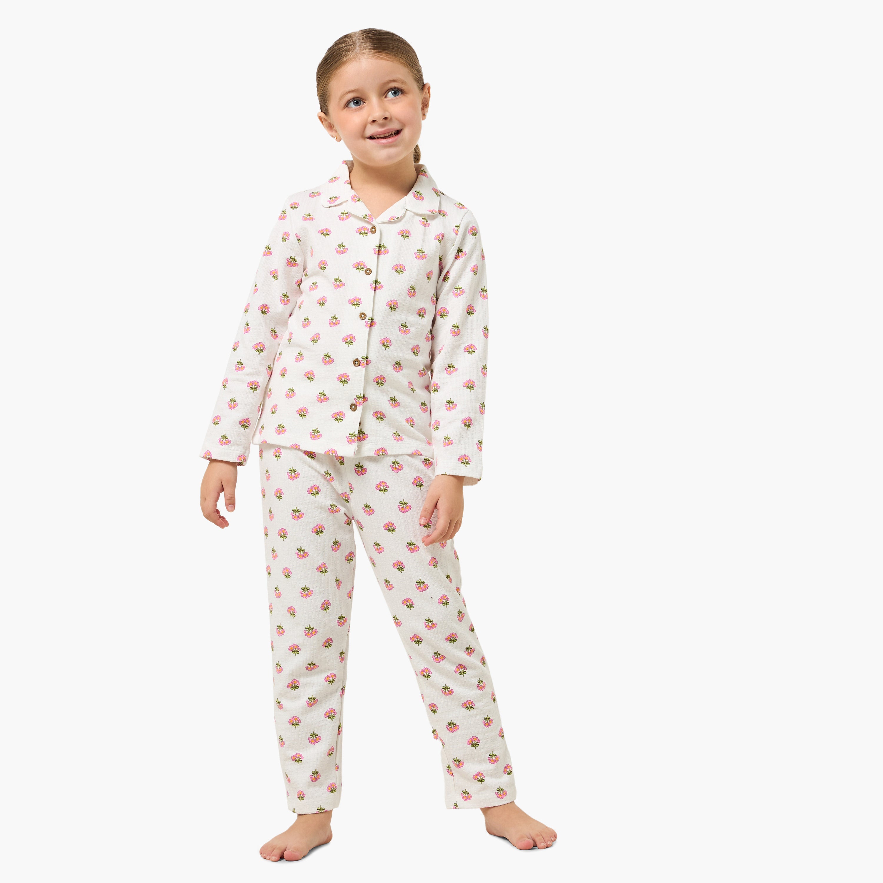 Juniors Cotton Collared Long Sleeves Pyjama Set with Floral Print - White / 7-8 yrs