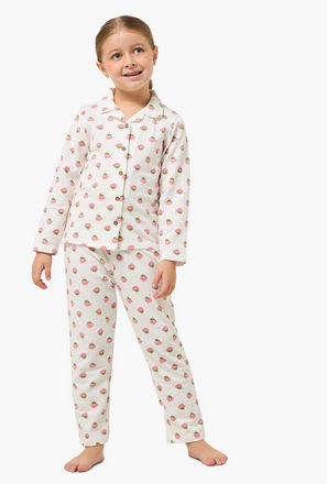 Juniors Cotton Collared Long Sleeves Pyjama Set with Floral Print