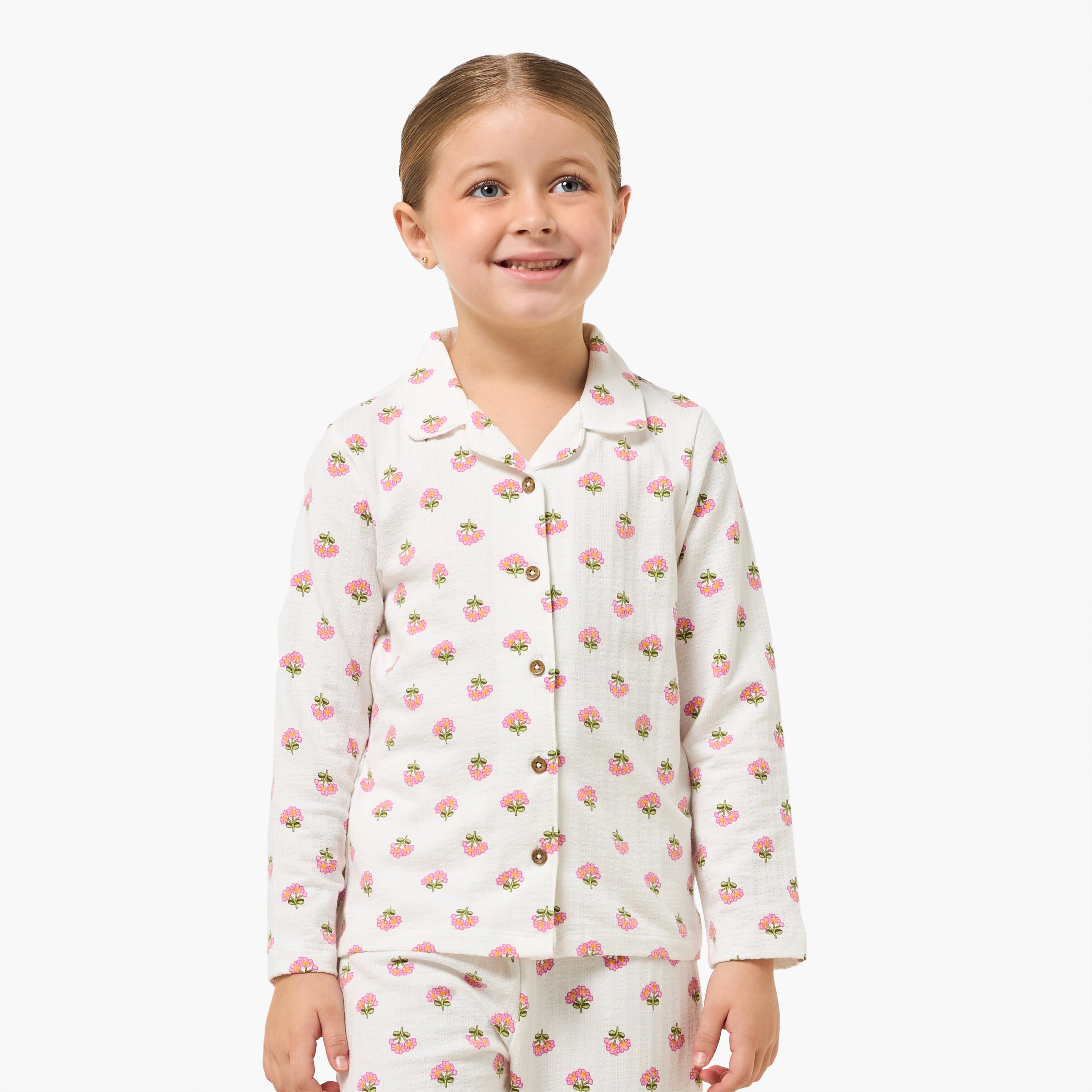 Juniors Cotton Collared Long Sleeves Pyjama Set with Floral Print
