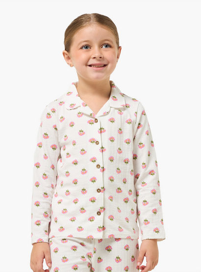 Juniors Cotton Collared Long Sleeves Pyjama Set with Floral Print-girls-clothing-nightwear-image-2