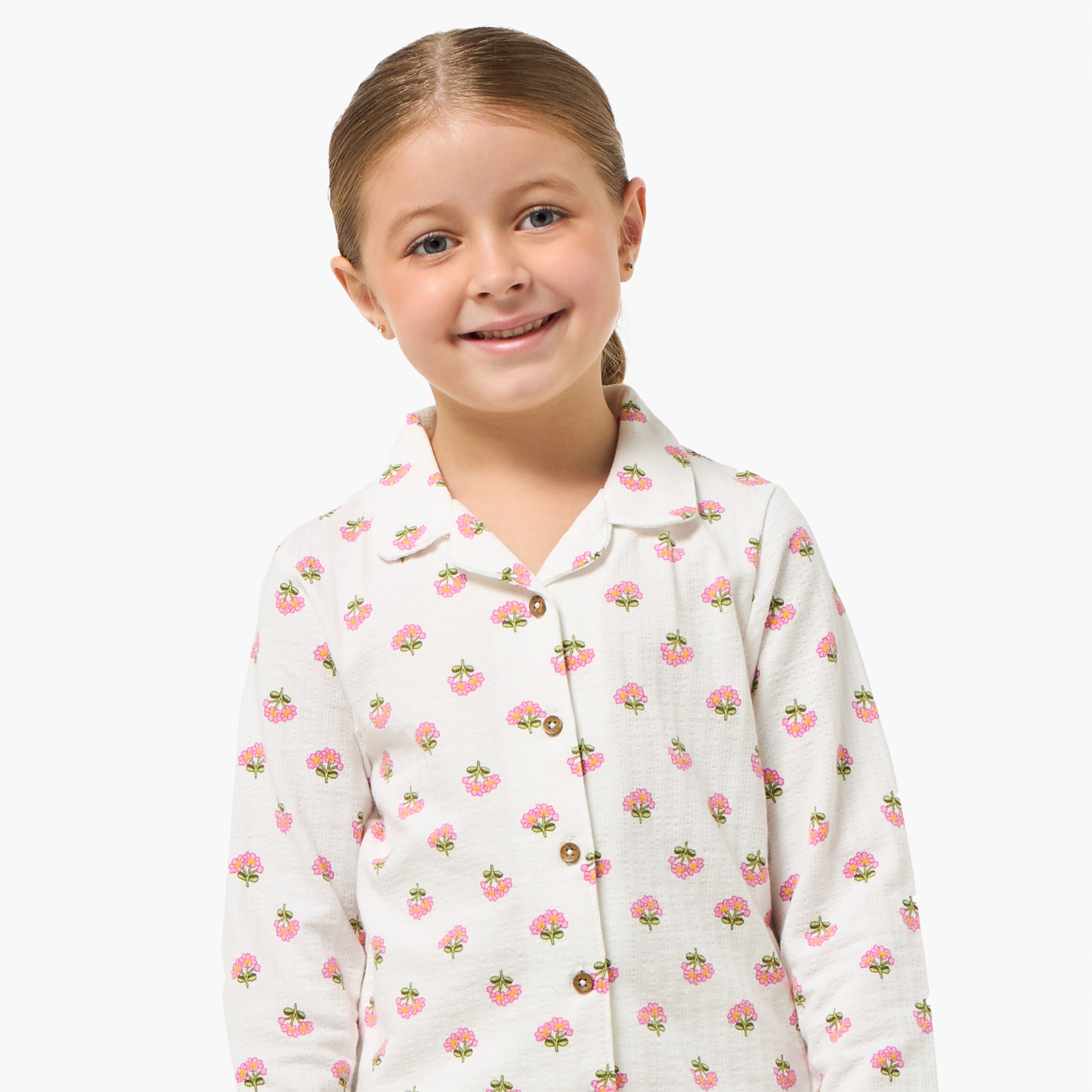Juniors Cotton Collared Long Sleeves Pyjama Set with Floral Print