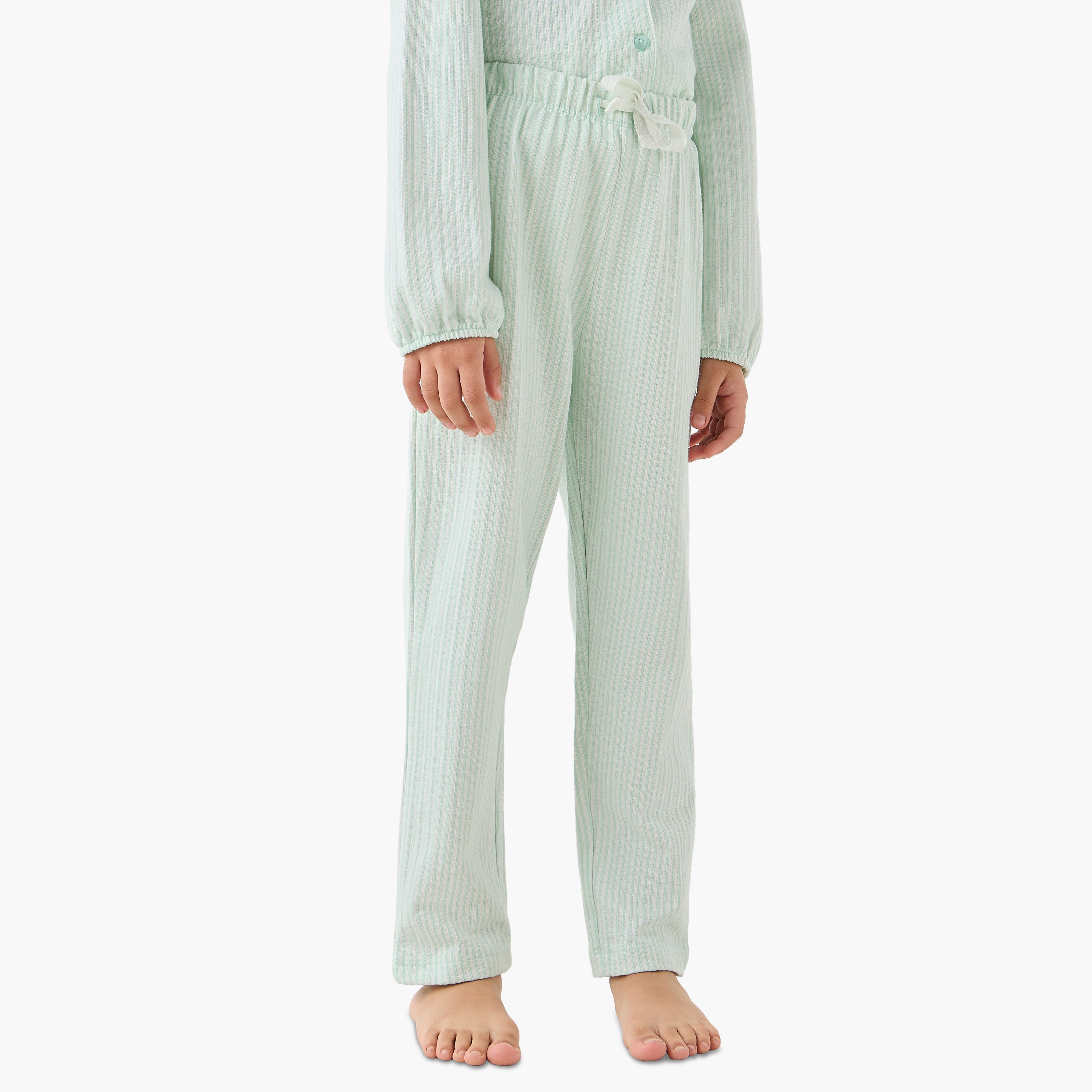 Juniors Cotton Collared Long Sleeves Pyjama Set with Striped Ruffle Detail
