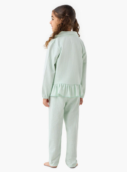 Juniors Cotton Collared Long Sleeves Pyjama Set with Striped Ruffle Detail-girls-clothing-nightwear-image-4