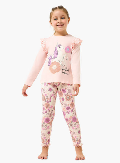 Juniors Cotton Crew Neck Long Sleeves Pyjama Set with Unicorn Print-girls-clothing-nightwear-image-1