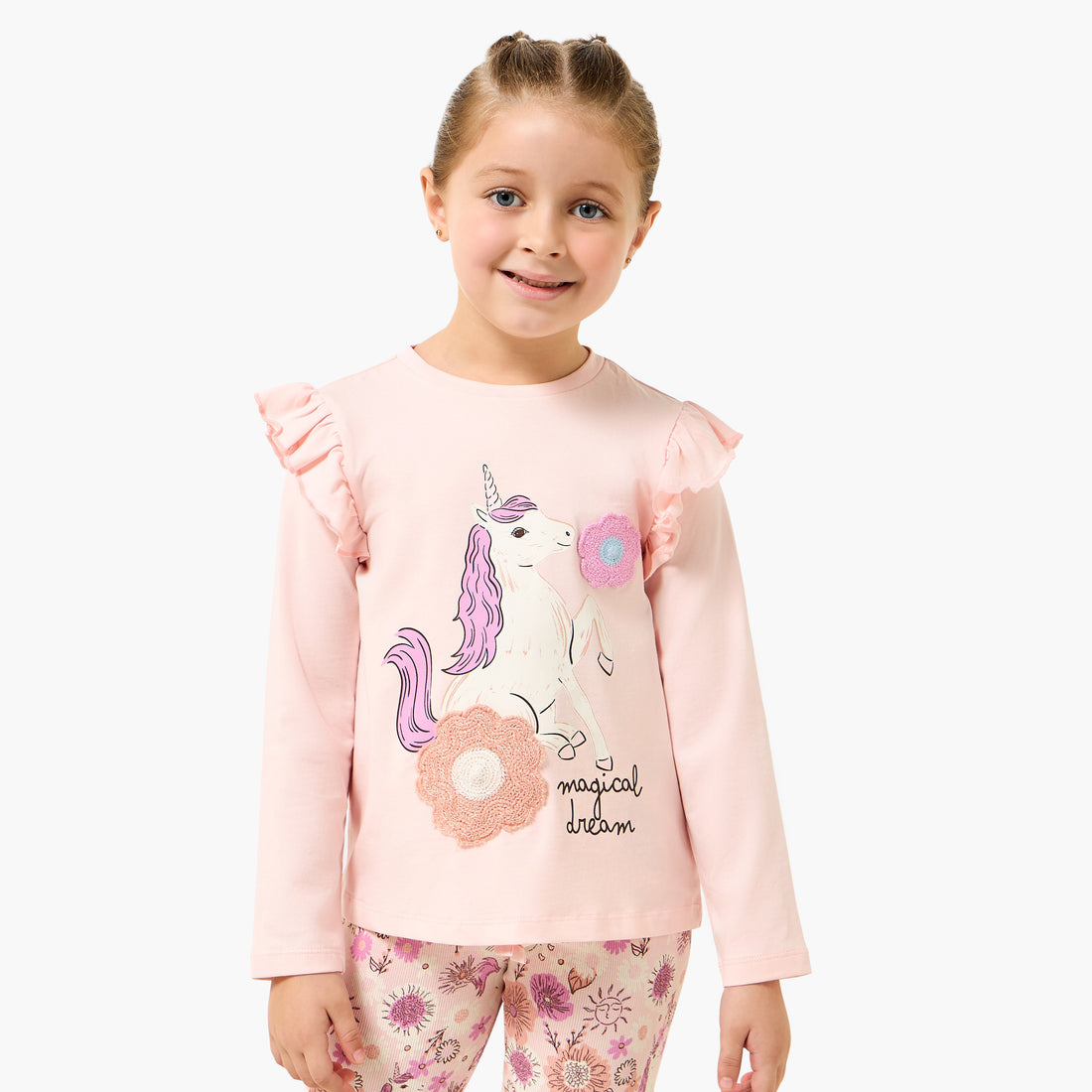 Juniors Cotton Crew Neck Long Sleeves Pyjama Set with Unicorn Print