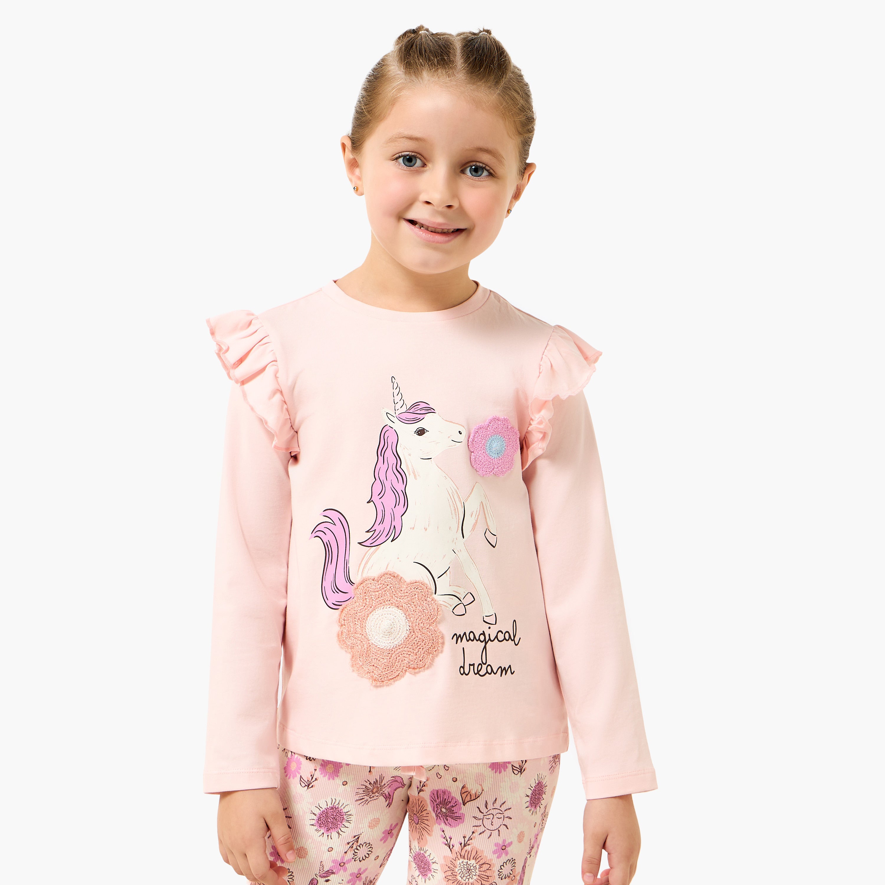 Juniors Cotton Crew Neck Long Sleeves Pyjama Set with Unicorn Print