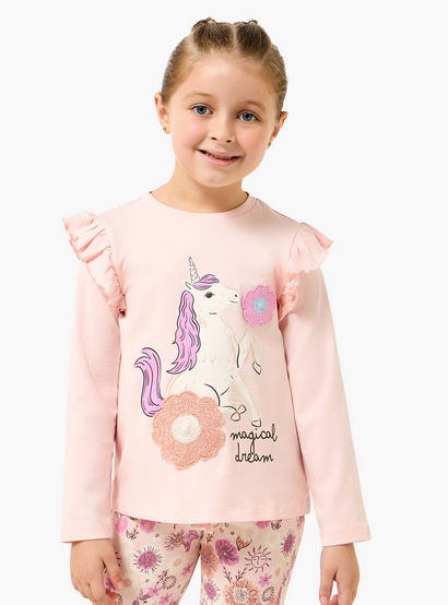Juniors Cotton Crew Neck Long Sleeves Pyjama Set with Unicorn Print-girls-clothing-nightwear-image-2