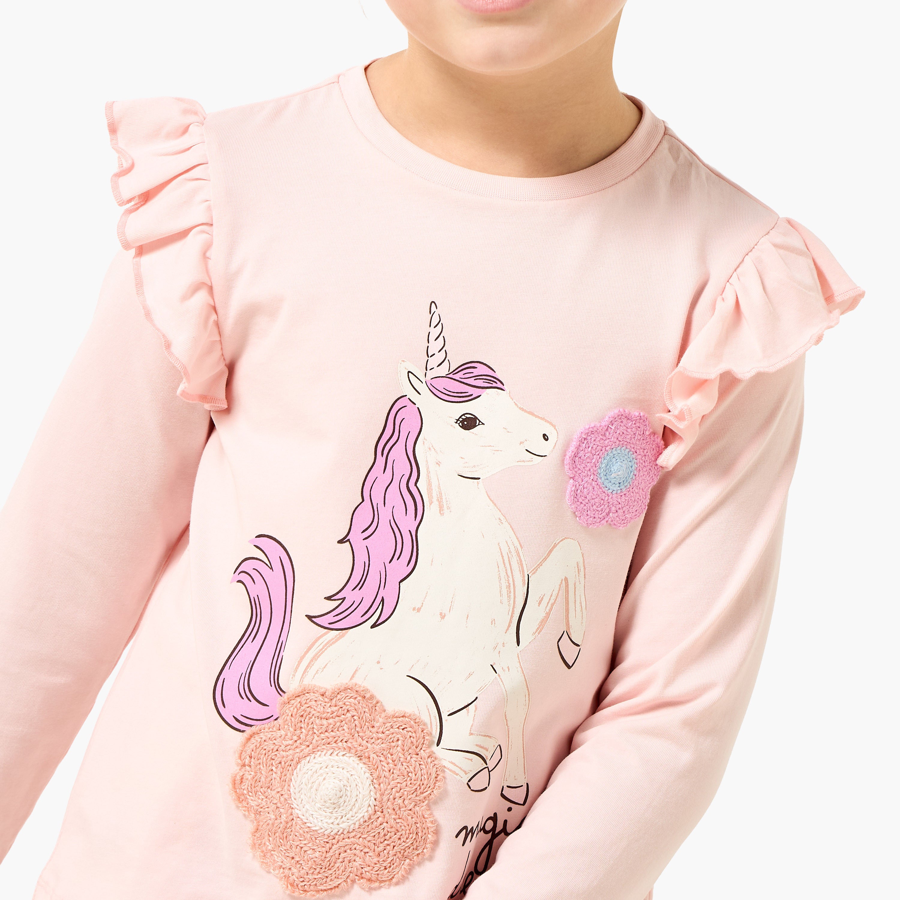 Juniors Cotton Crew Neck Long Sleeves Pyjama Set with Unicorn Print