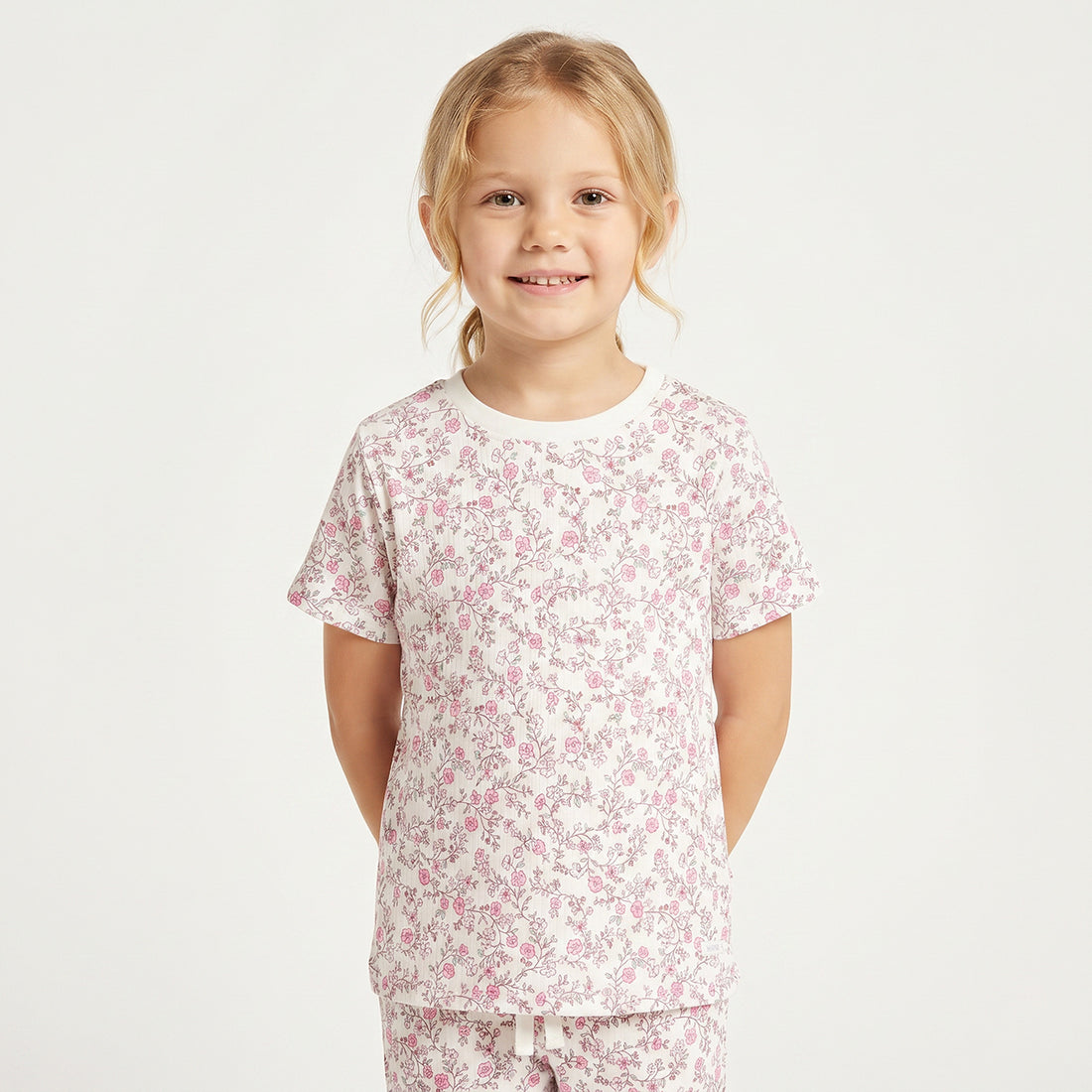 Juniors Cotton Round Neck Short Sleeves Pyjama Set with Floral Print