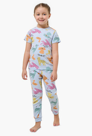 Juniors Cotton Crew Neck Short Sleeves Pyjama Set with Fun Print
