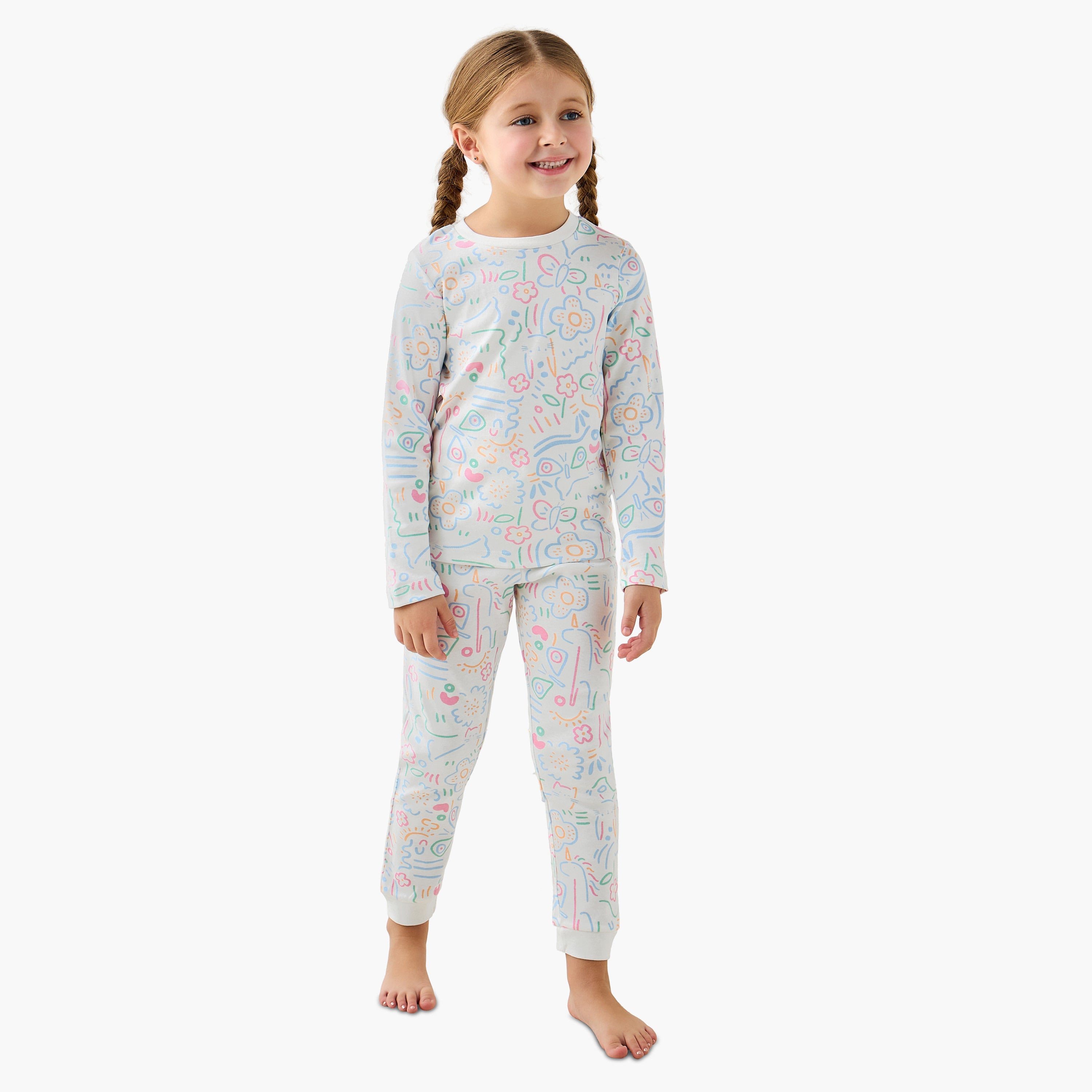 Juniors Cotton Crew Neck Long Sleeves Pyjama Set with Print - White / 2-3 yrs