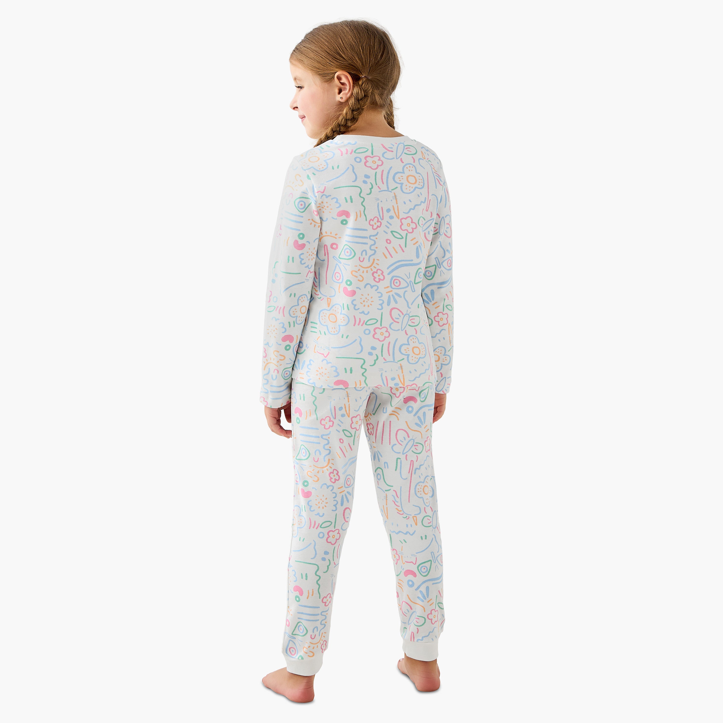 Juniors Cotton Crew Neck Long Sleeves Pyjama Set with Print