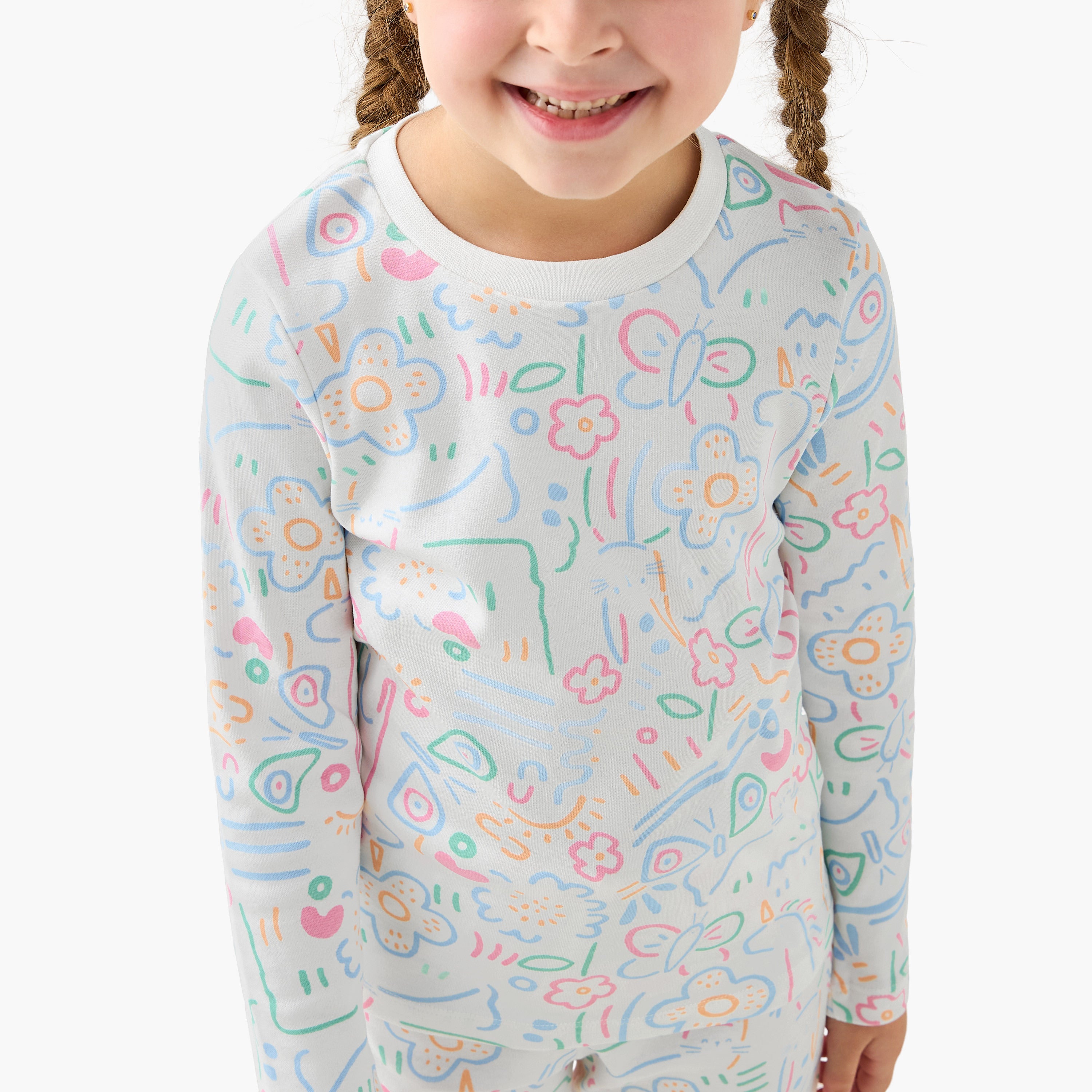 Juniors Cotton Crew Neck Long Sleeves Pyjama Set with Print