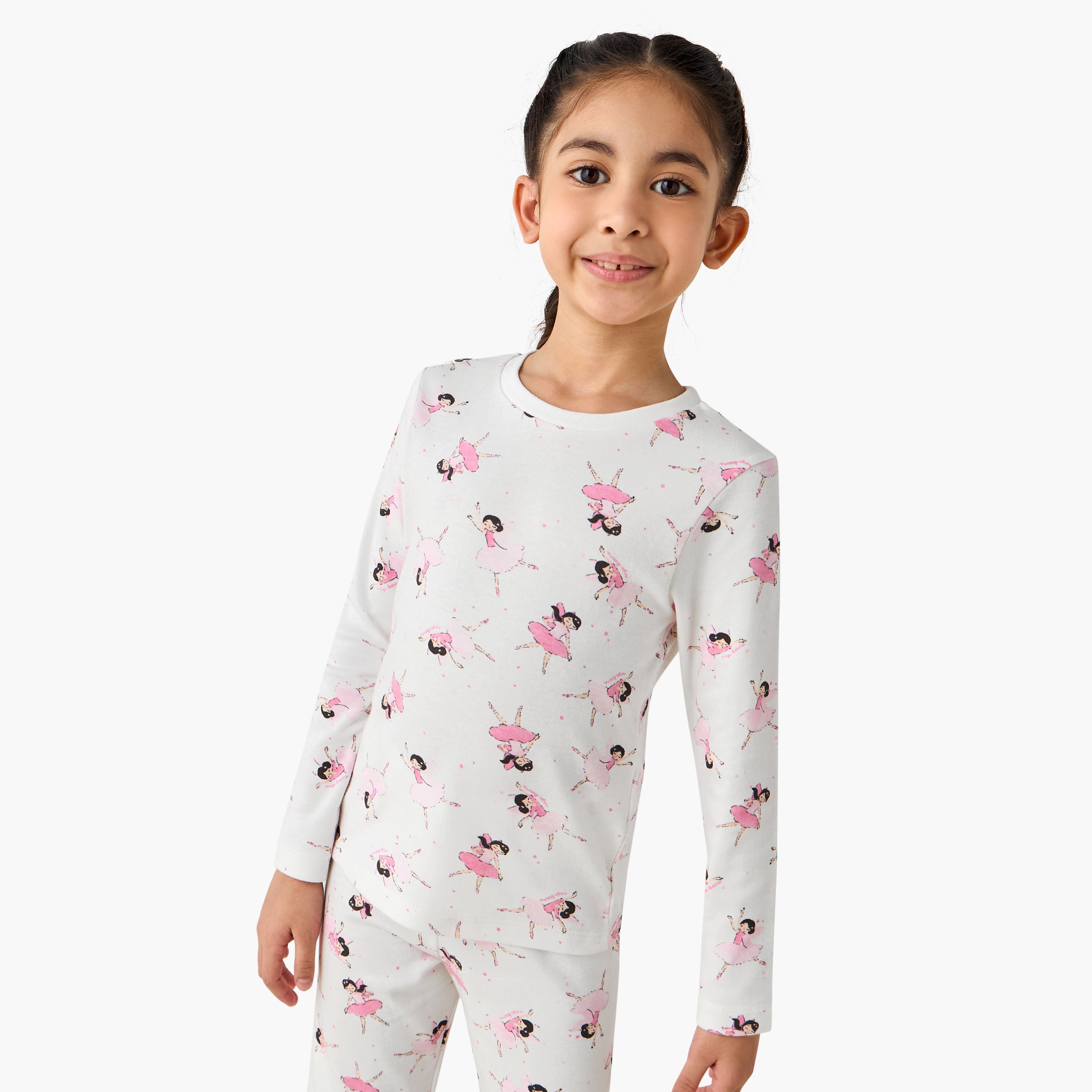 Juniors Cotton Crew Neck Long Sleeve Pyjama Set with Ballerina Print