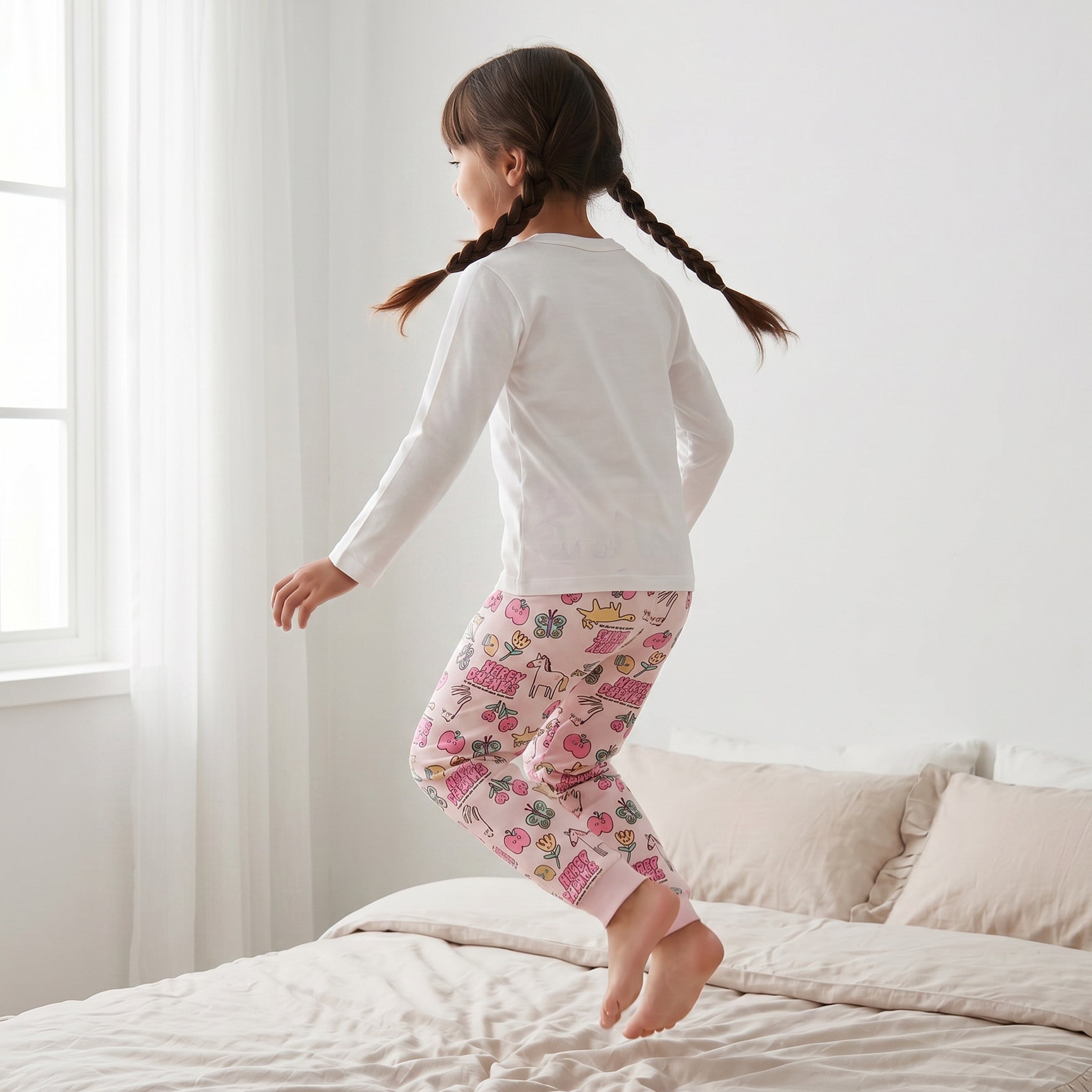 Juniors Cotton Crew Neck Long Sleeves Pyjama Set with Print