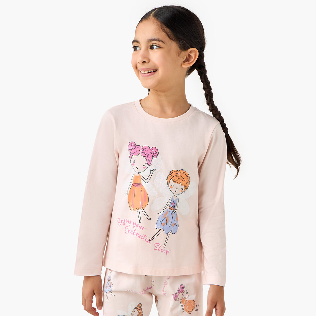 Juniors Cotton Round Neck Long Sleeves Pyjama Set with Fairy Print