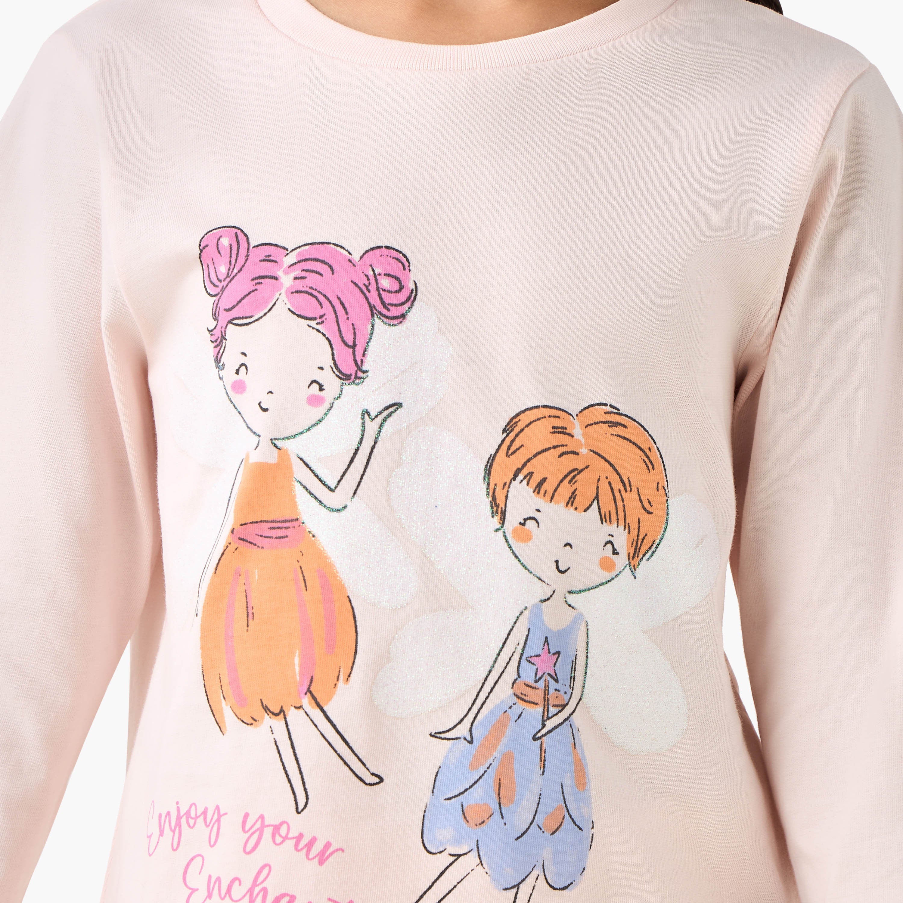 Juniors Cotton Round Neck Long Sleeves Pyjama Set with Fairy Print