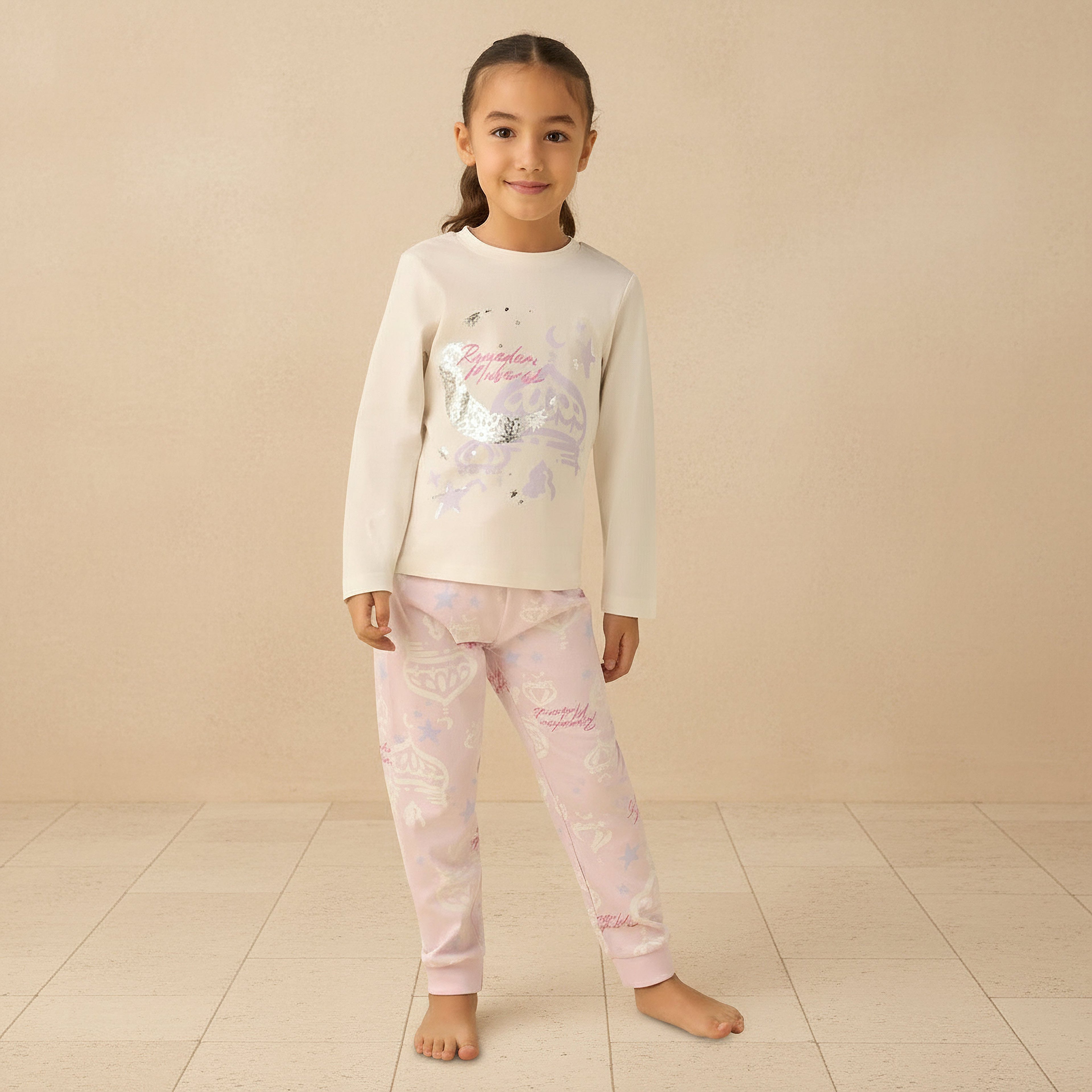 Juniors Cotton Crew Neck Long Sleeves Pyjama Set with Ramadan Mubarak Print