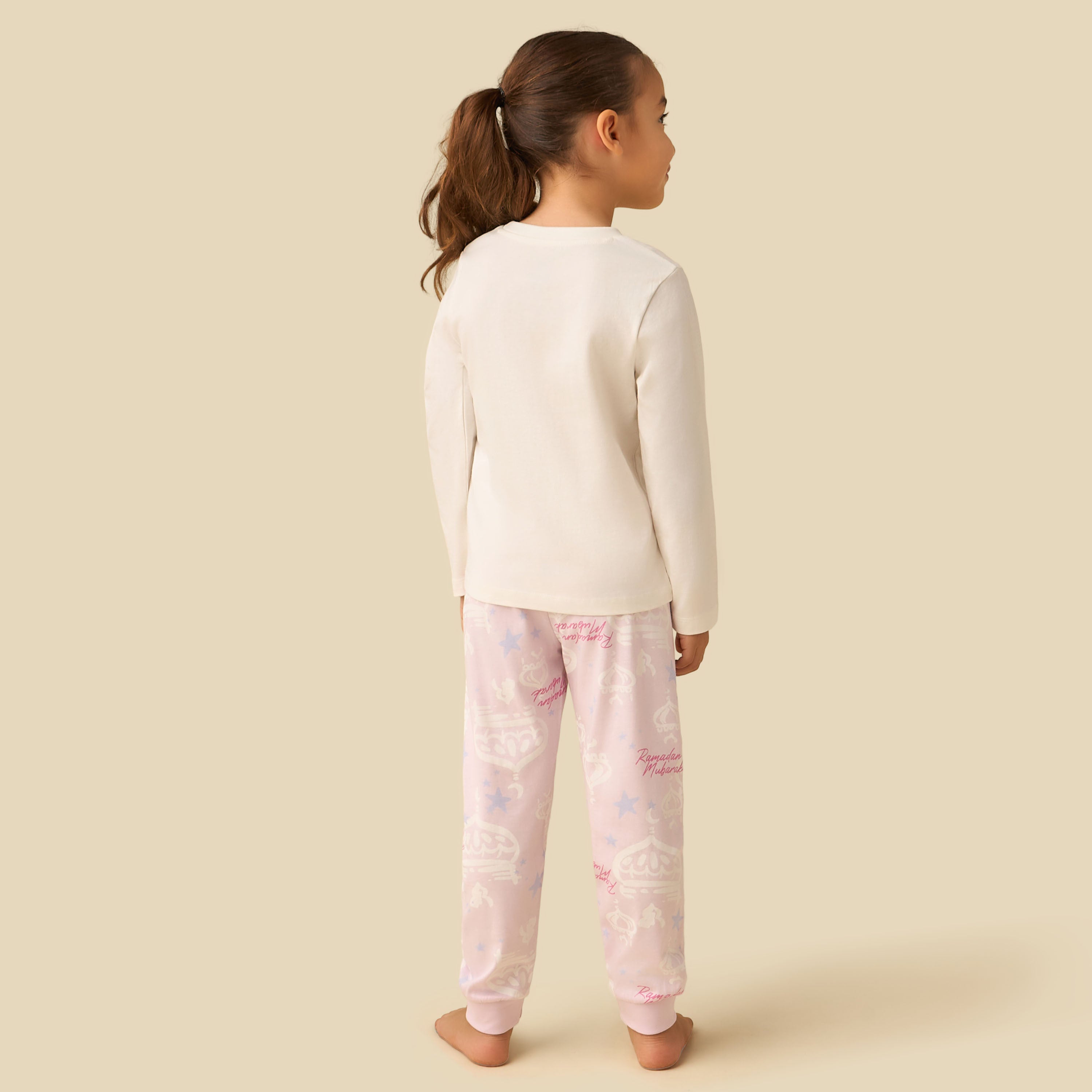 Juniors Cotton Crew Neck Long Sleeves Pyjama Set with Ramadan Mubarak Print