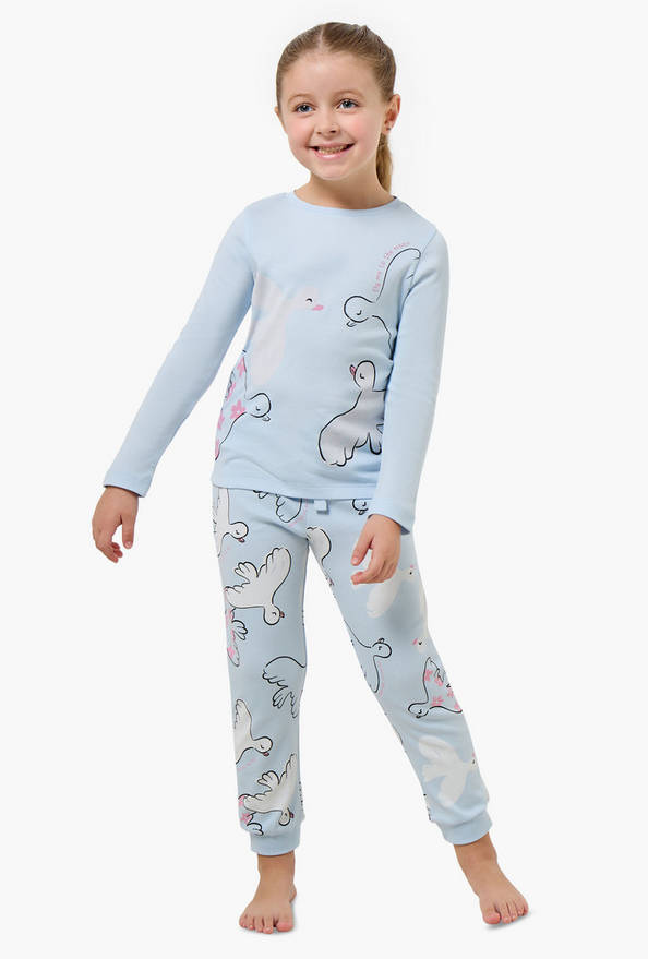 Juniors Cotton Crew Neck Long Sleeves Pyjama Set with Bird Print