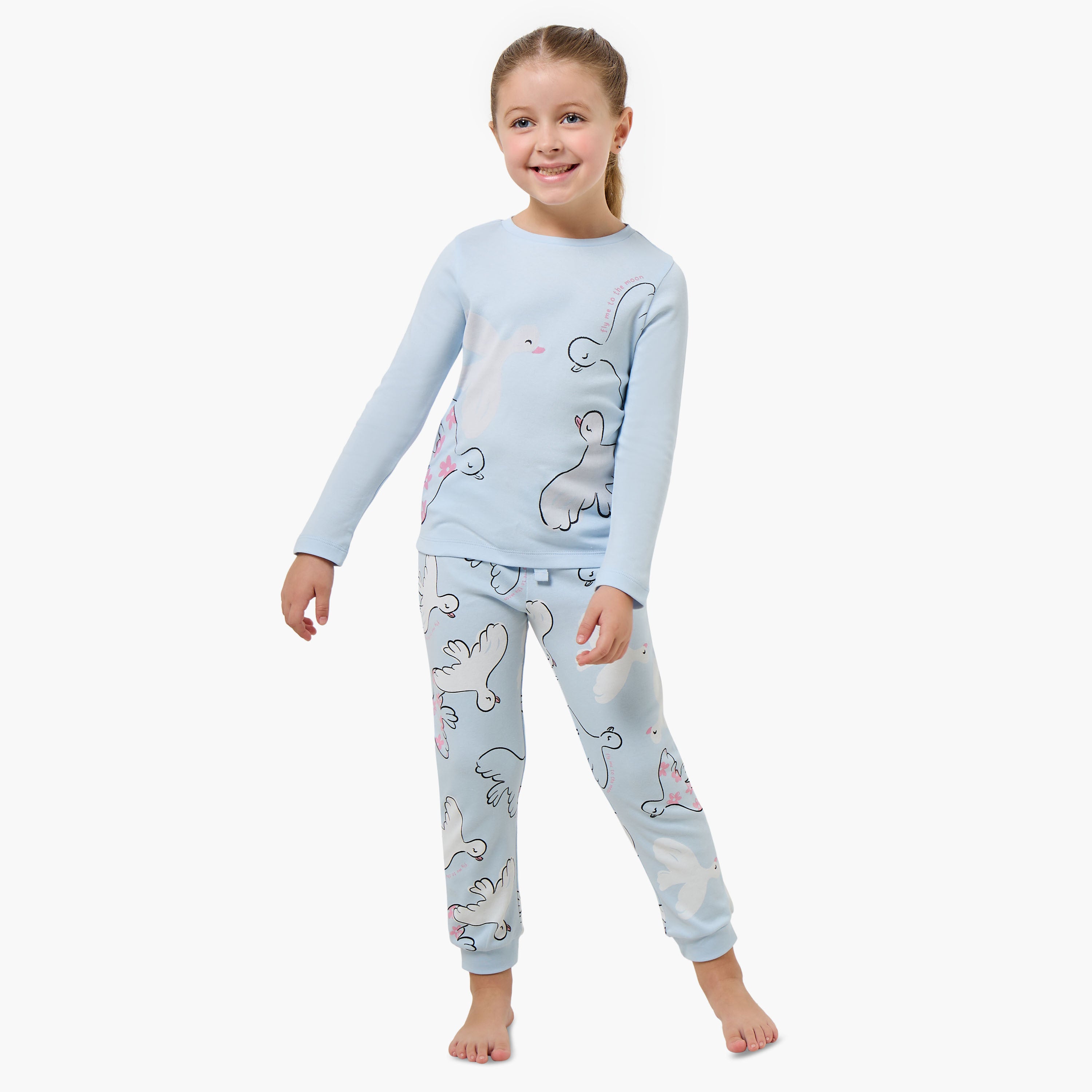 Juniors Cotton Crew Neck Long Sleeves Pyjama Set with Bird Print - Blue / 7-8 yrs
