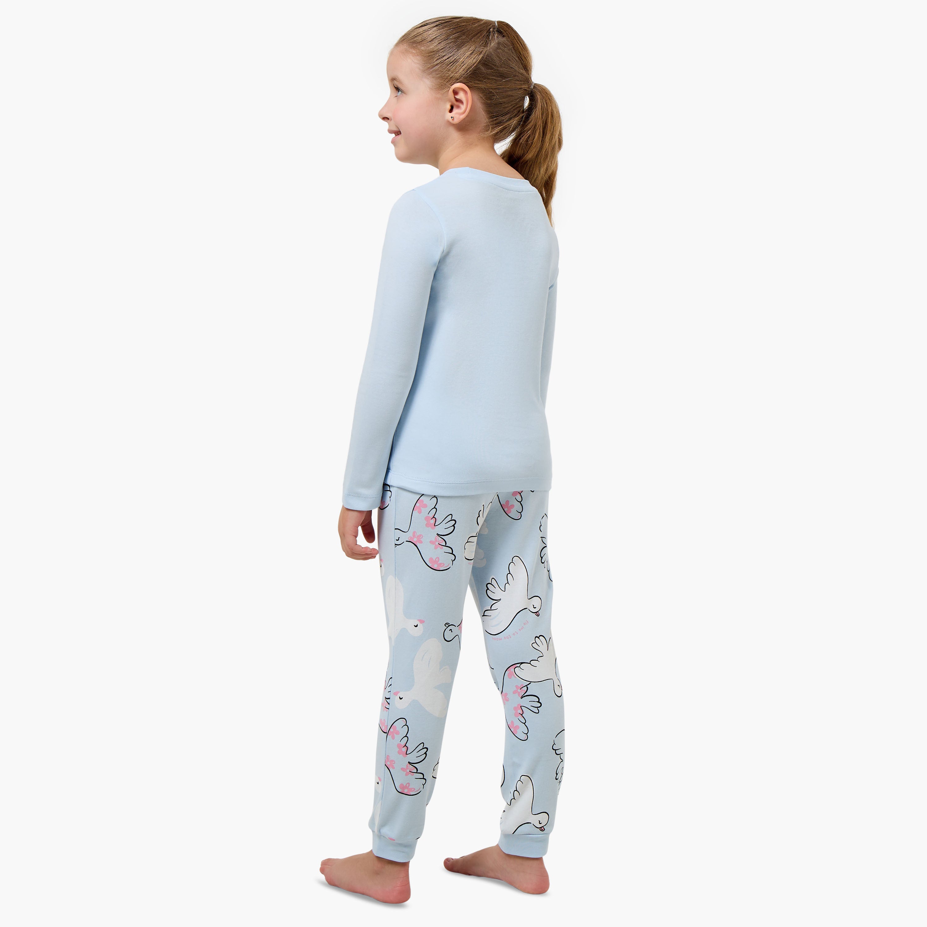 Juniors Cotton Crew Neck Long Sleeves Pyjama Set with Bird Print