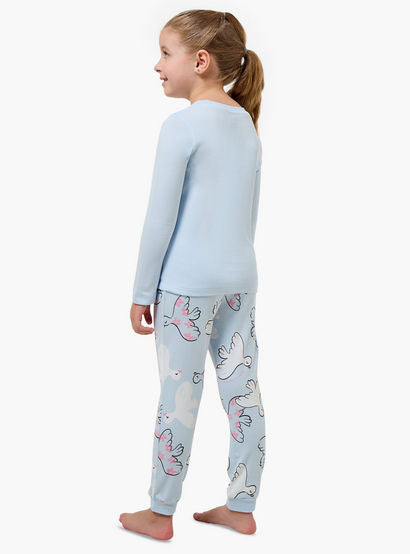 Juniors Cotton Crew Neck Long Sleeves Pyjama Set with Bird Print-girls-clothing-nightwear-image-3