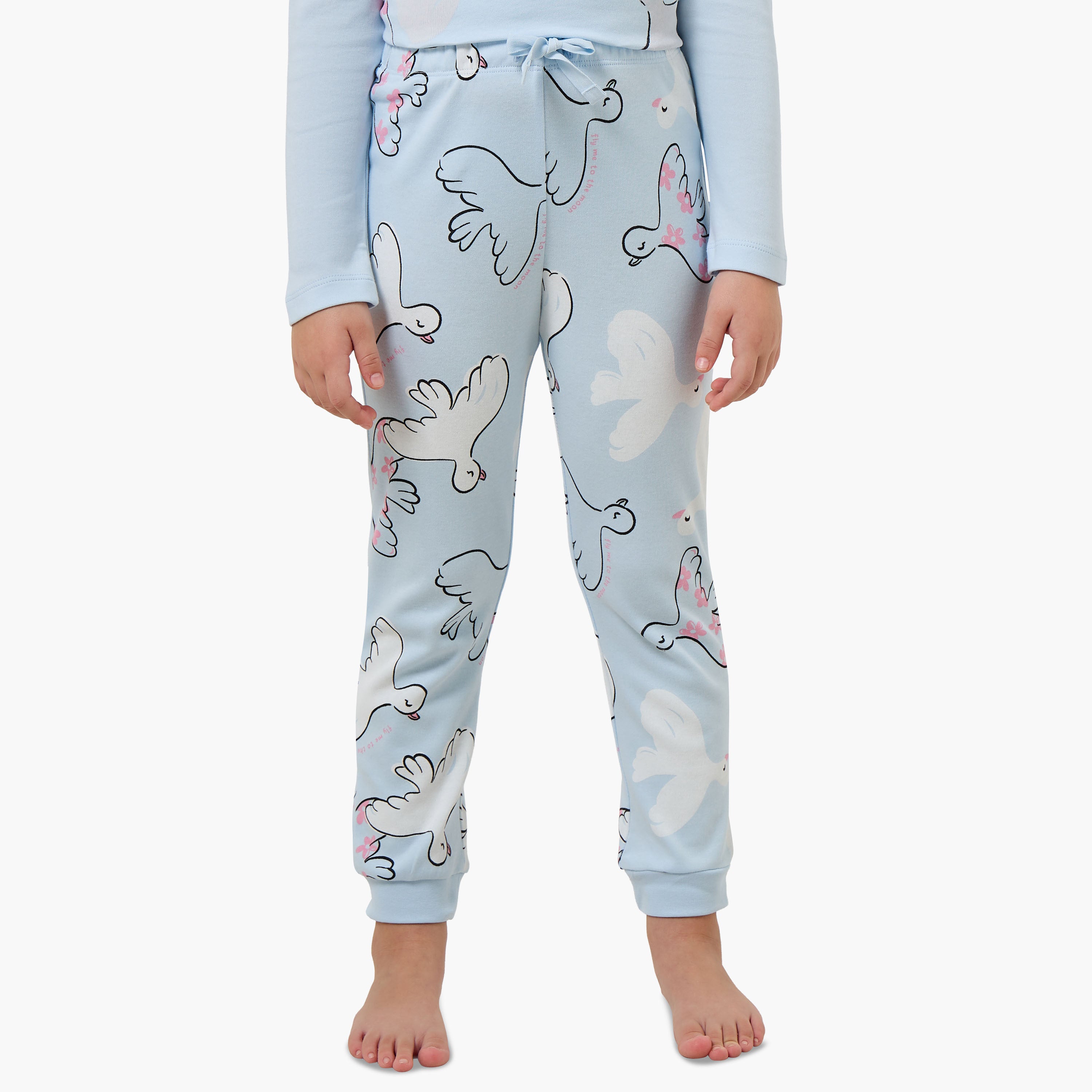 Juniors Cotton Crew Neck Long Sleeves Pyjama Set with Bird Print