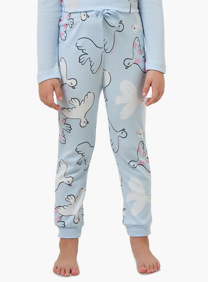 Juniors Cotton Crew Neck Long Sleeves Pyjama Set with Bird Print-girls-clothing-nightwear-image-4