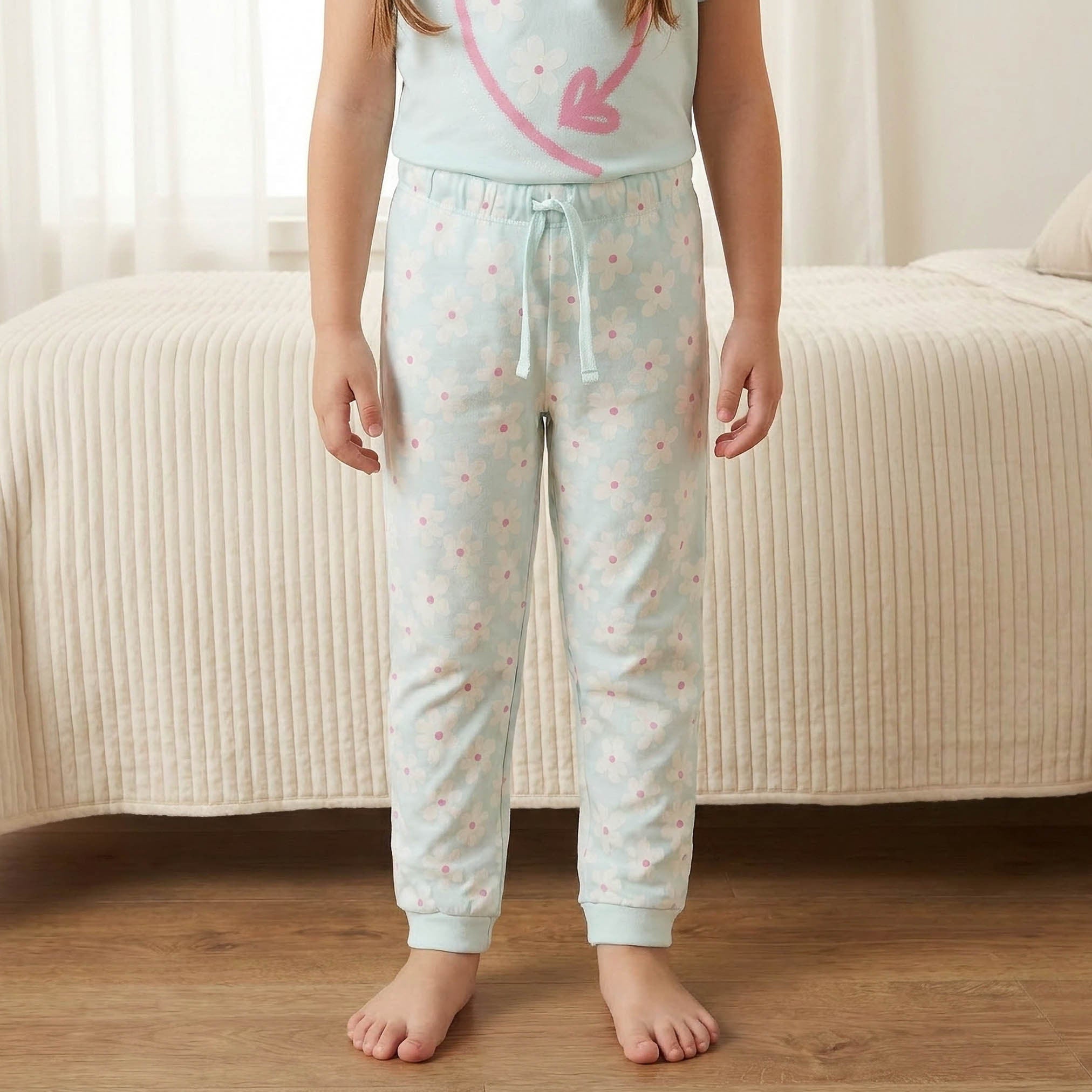 Juniors Cotton Crew Neck Short Sleeves Pyjama Set with Floral Print