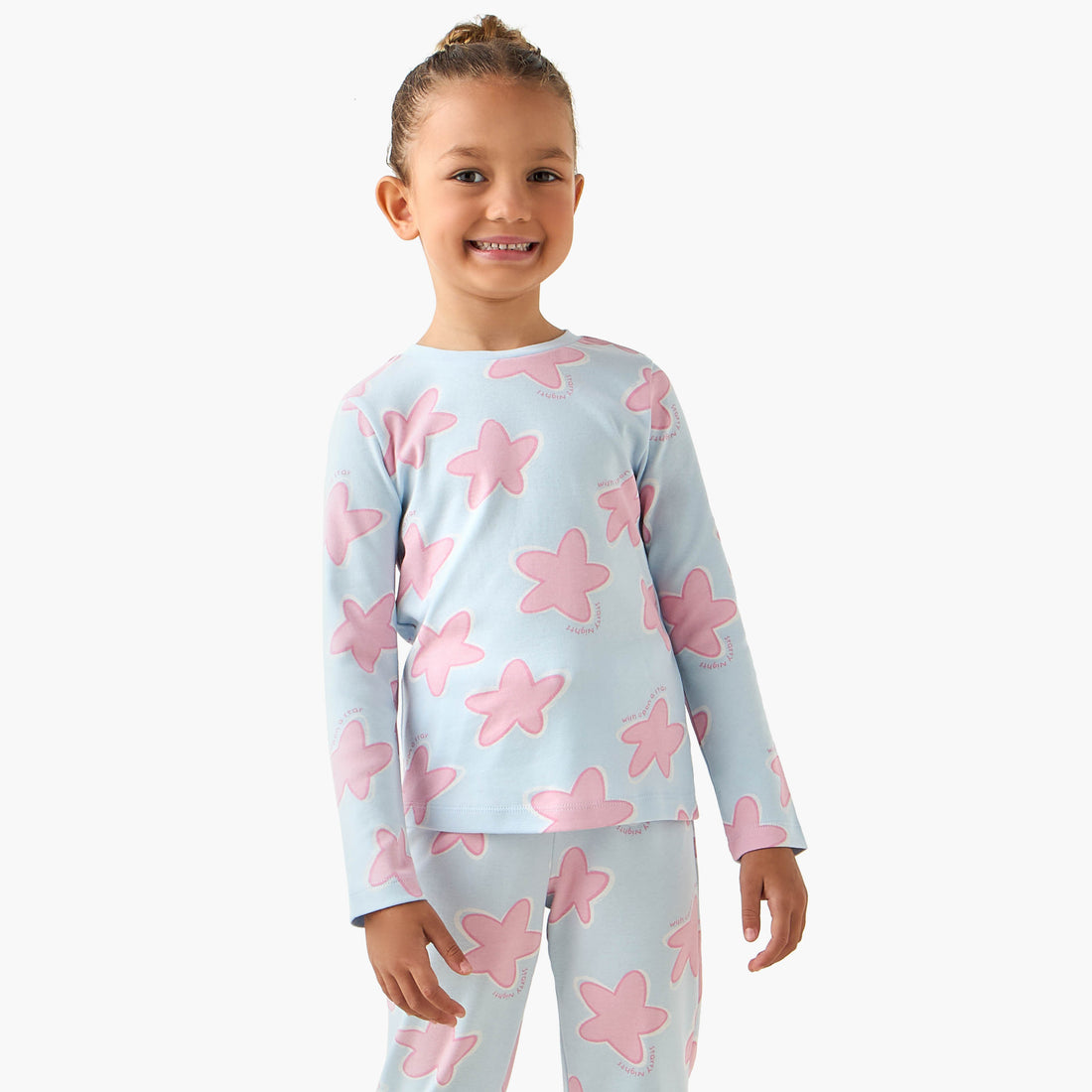 Juniors Cotton Crew Neck Long Sleeves Pyjama Set with Star Print