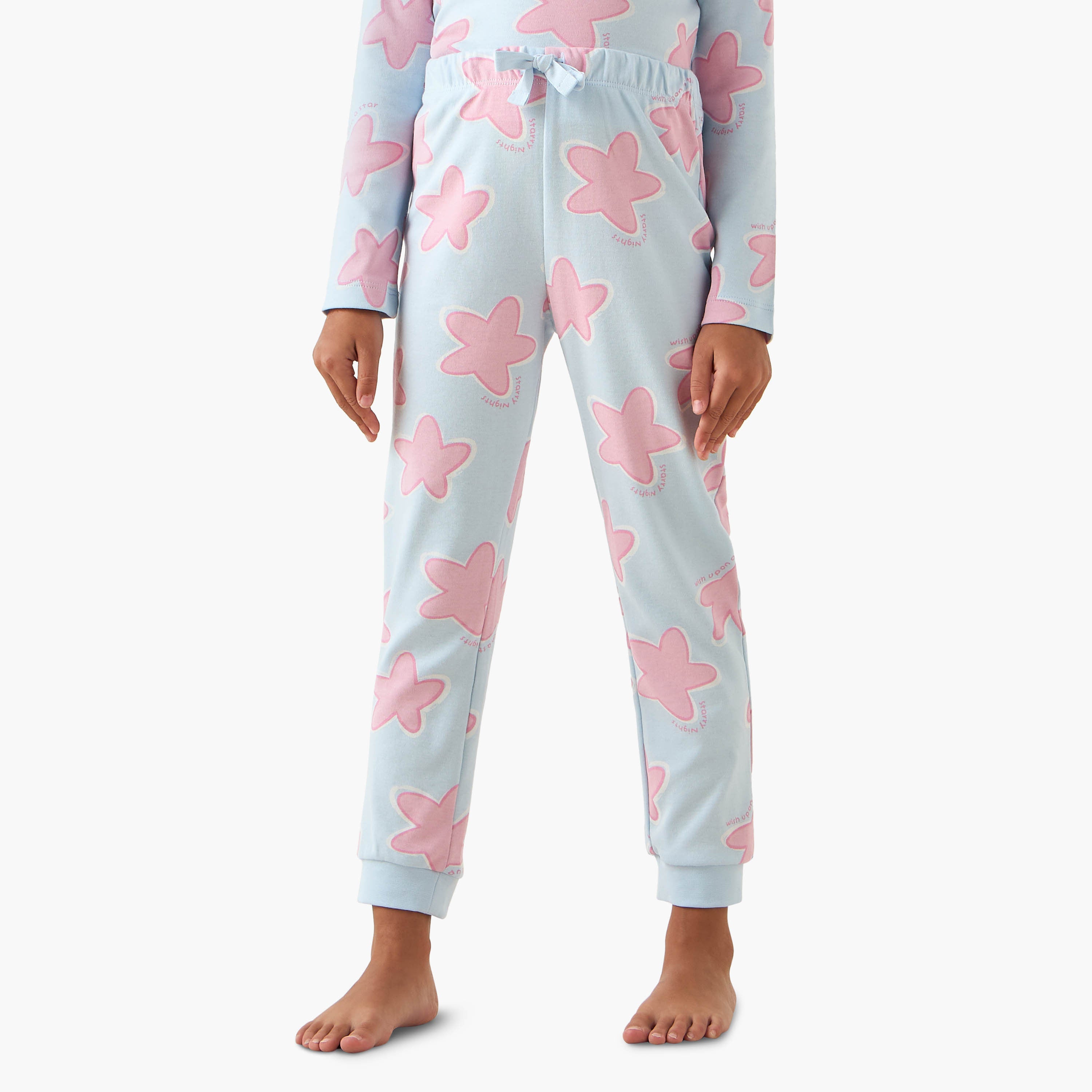 Juniors Cotton Crew Neck Long Sleeves Pyjama Set with Star Print