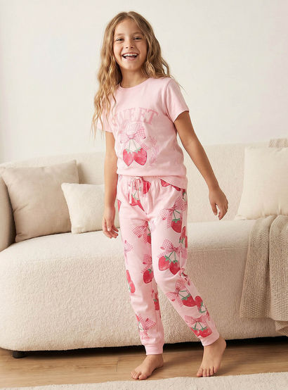Juniors Cotton Crew Neck Short Sleeves Pyjama Set with Strawberry Print-girls-clothing-nightwear-image-1