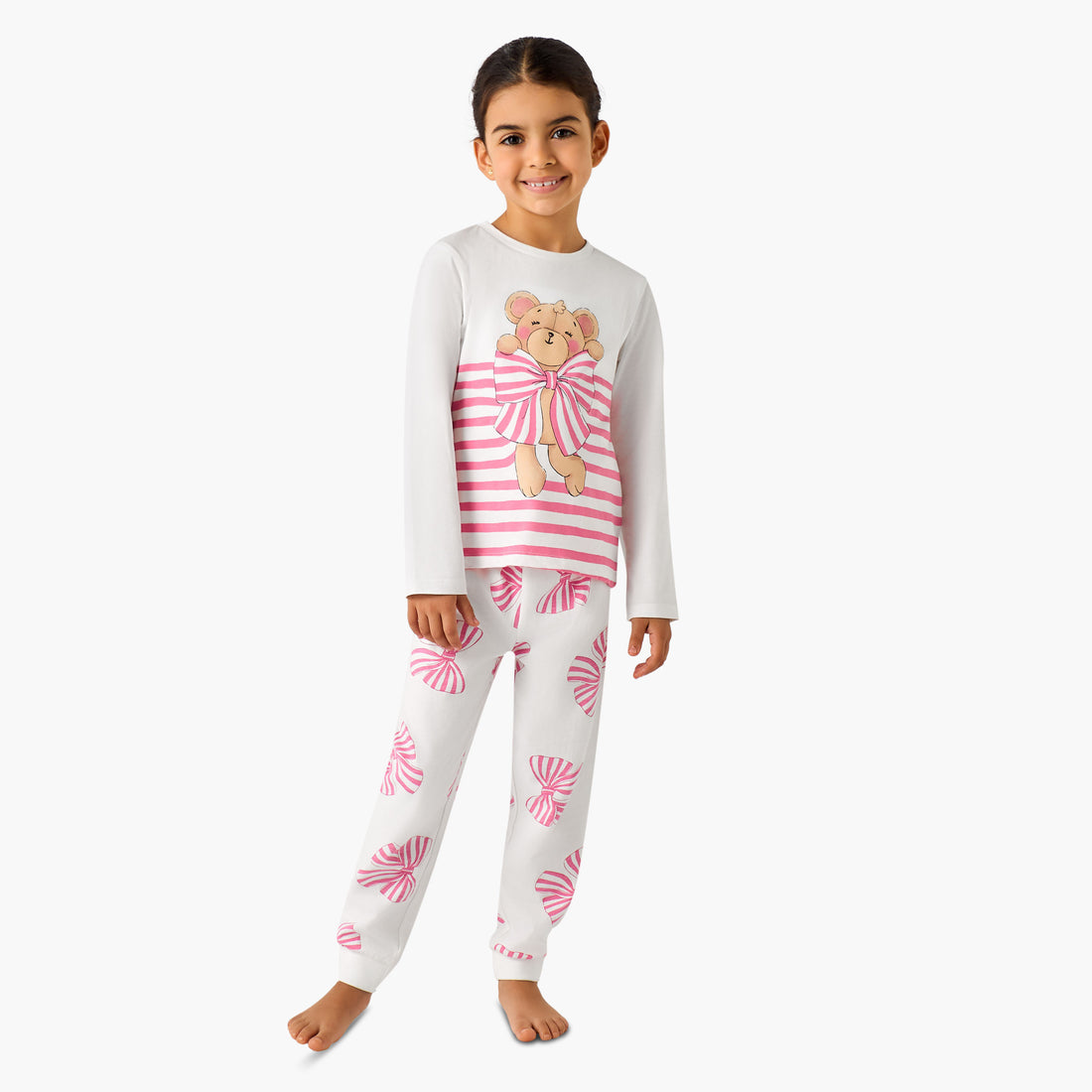 Juniors Cotton Crew Neck Long Sleeves Pyjama Set with Bear Print - White / 7-8 yrs