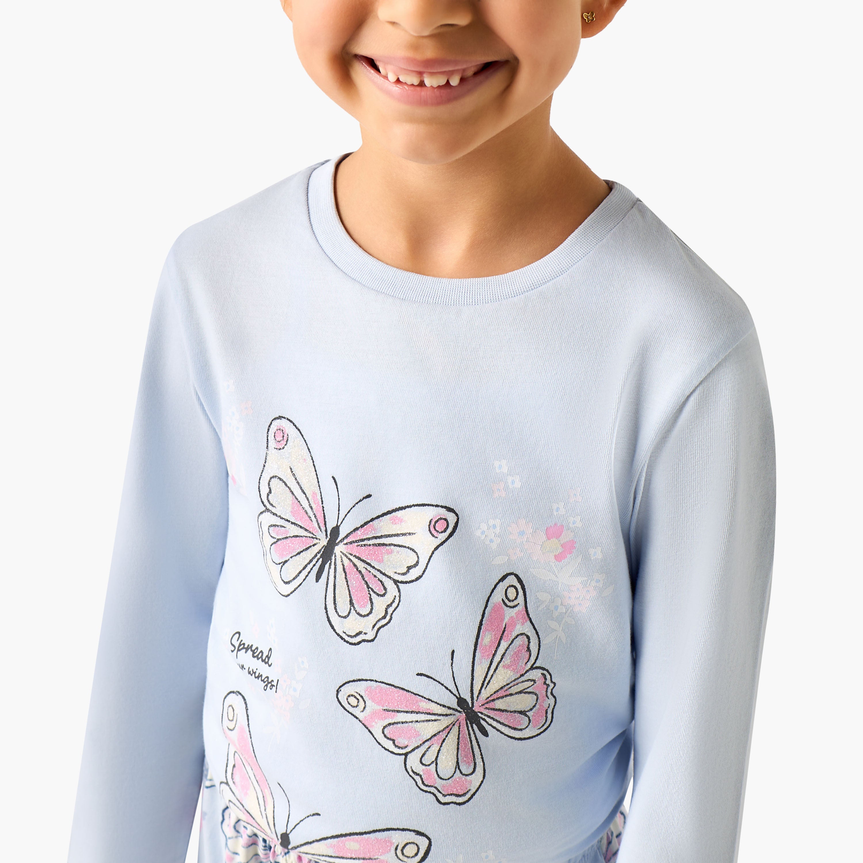 Juniors Cotton Crew Neck Long Sleeves Pyjama Set with Butterfly Print