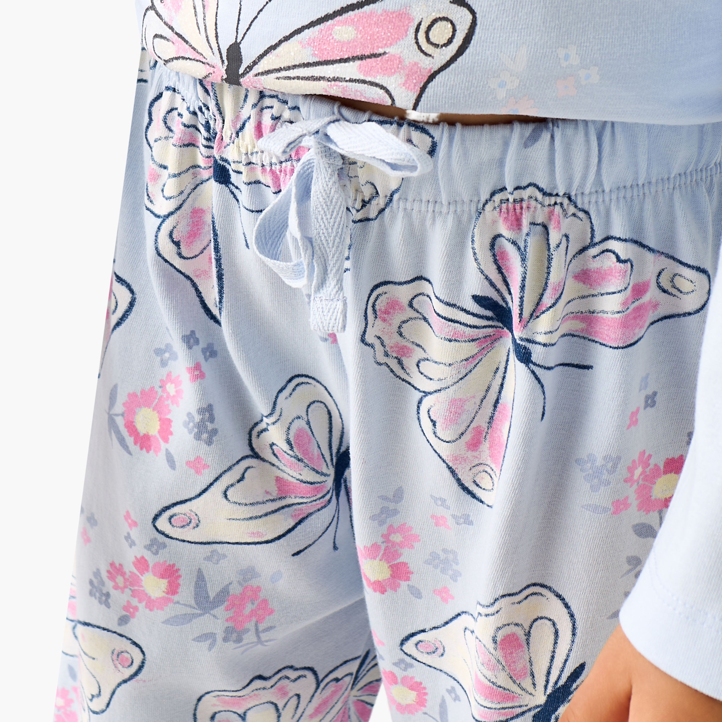Juniors Cotton Crew Neck Long Sleeves Pyjama Set with Butterfly Print