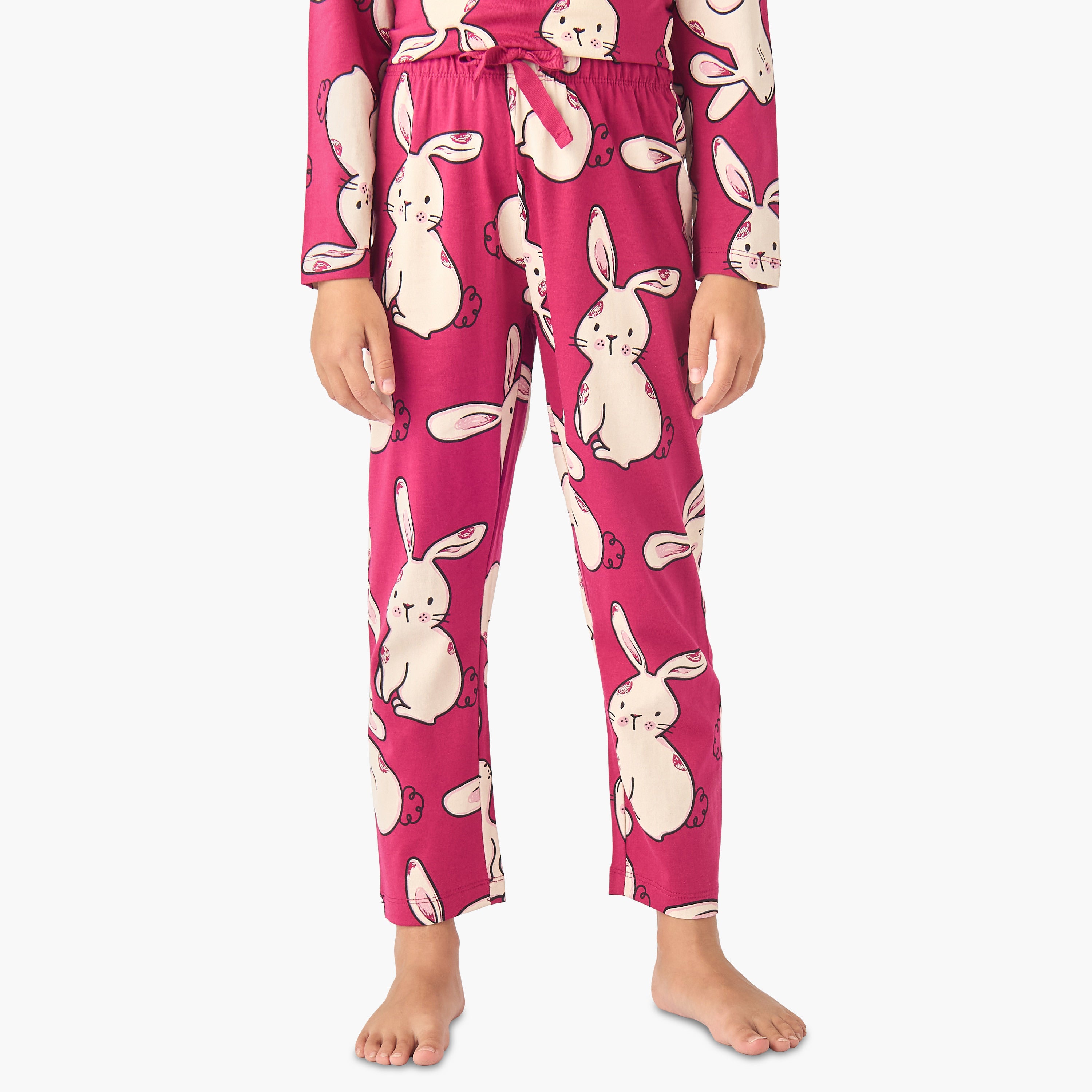 Juniors Cotton Crew Neck Long Sleeves Pyjama Set with Bunny Print