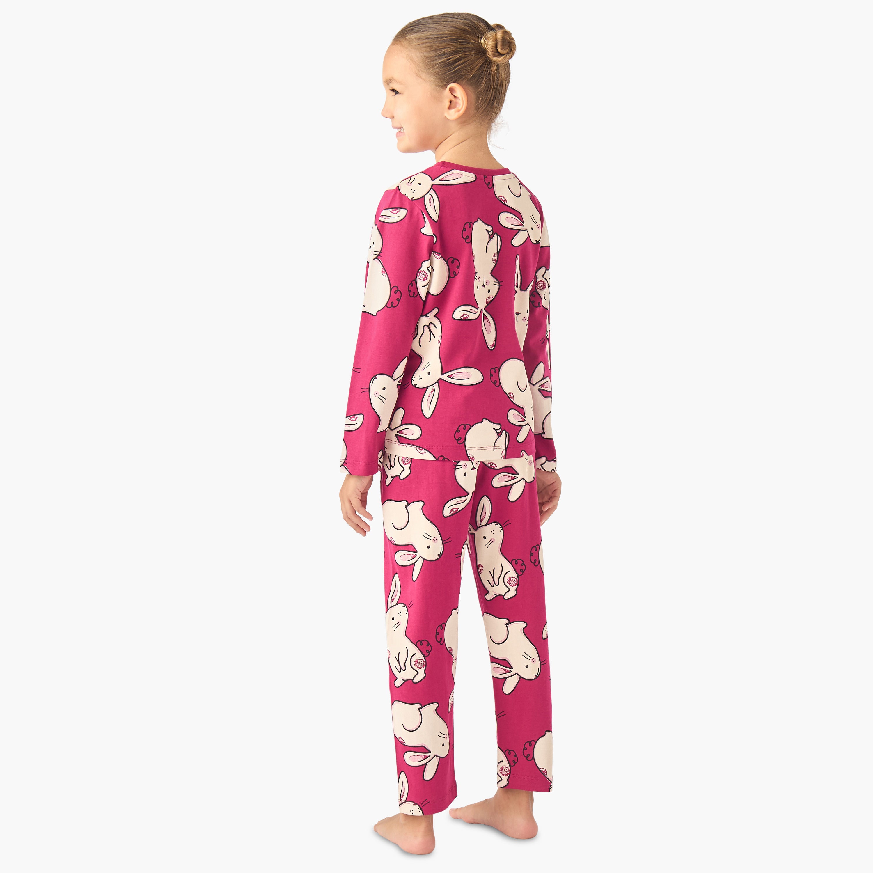 Juniors Cotton Crew Neck Long Sleeves Pyjama Set with Bunny Print