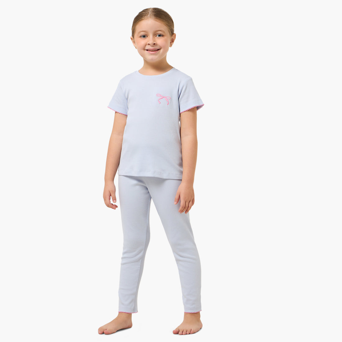 Juniors Cotton Round Neck Short Sleeves Pyjama Set with Bow Embroidery - Blue / 2-3 yrs