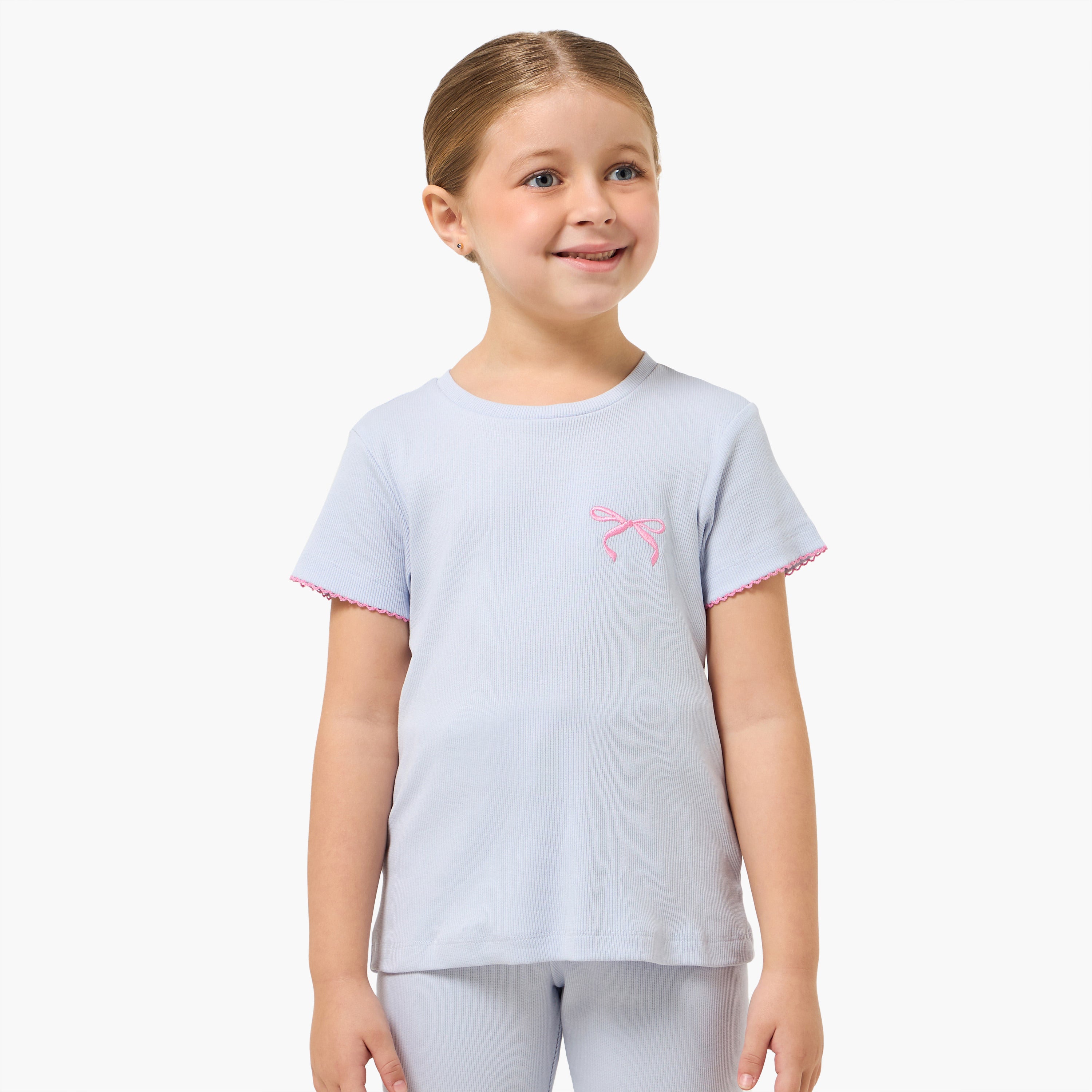Juniors Cotton Round Neck Short Sleeves Pyjama Set with Bow Embroidery