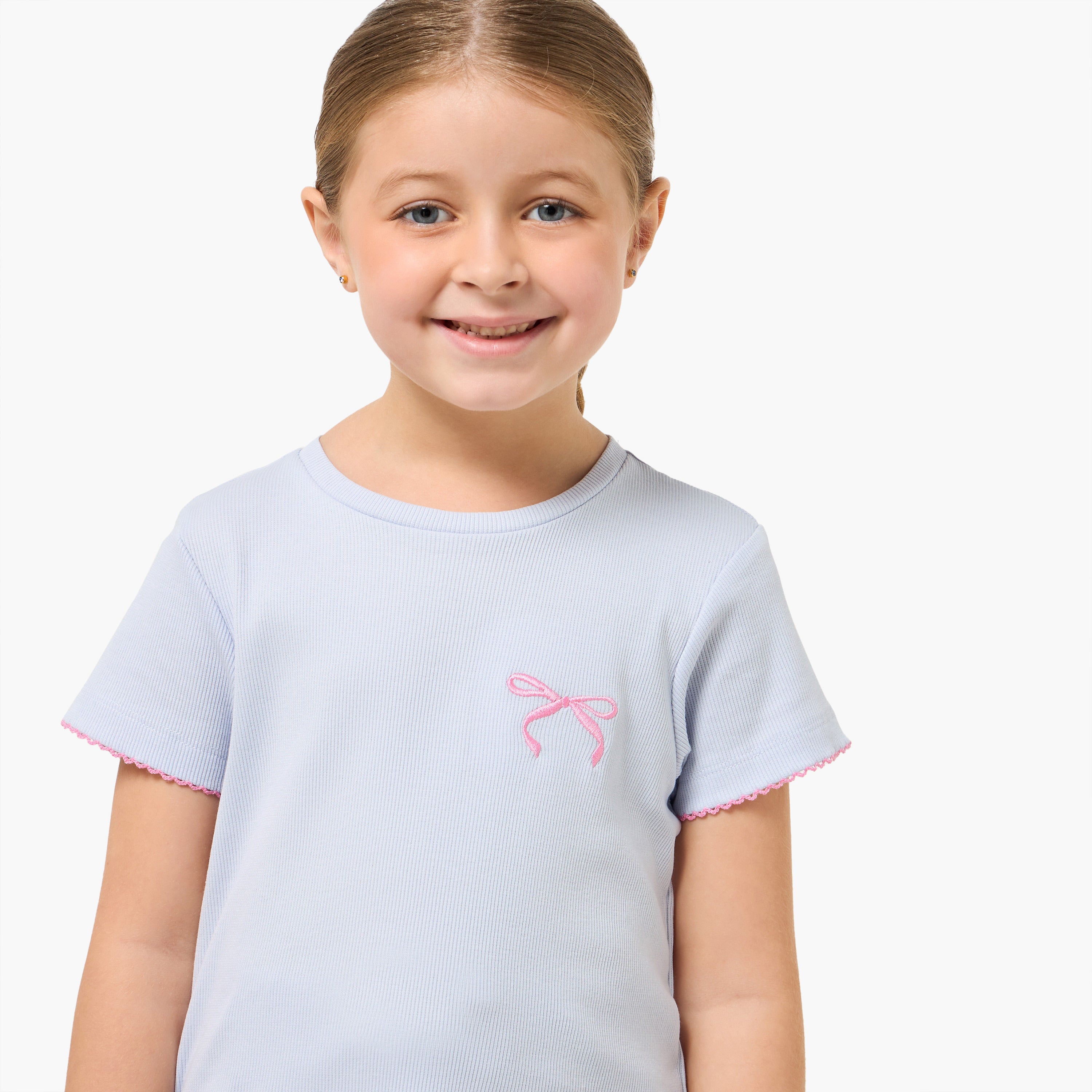 Juniors Cotton Round Neck Short Sleeves Pyjama Set with Bow Embroidery