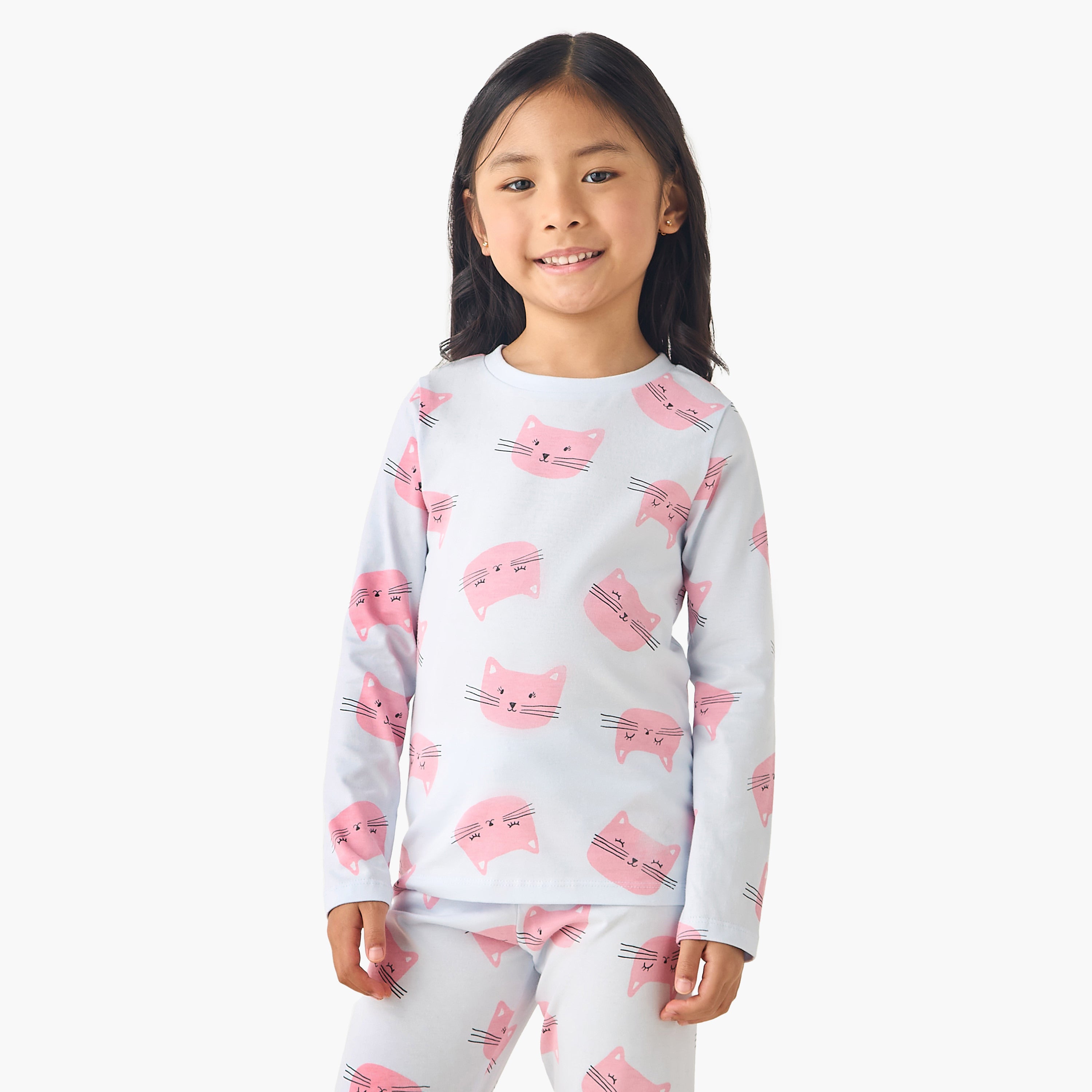 Juniors Cotton Crew Neck Long Sleeves Pyjama Set with Cat Print
