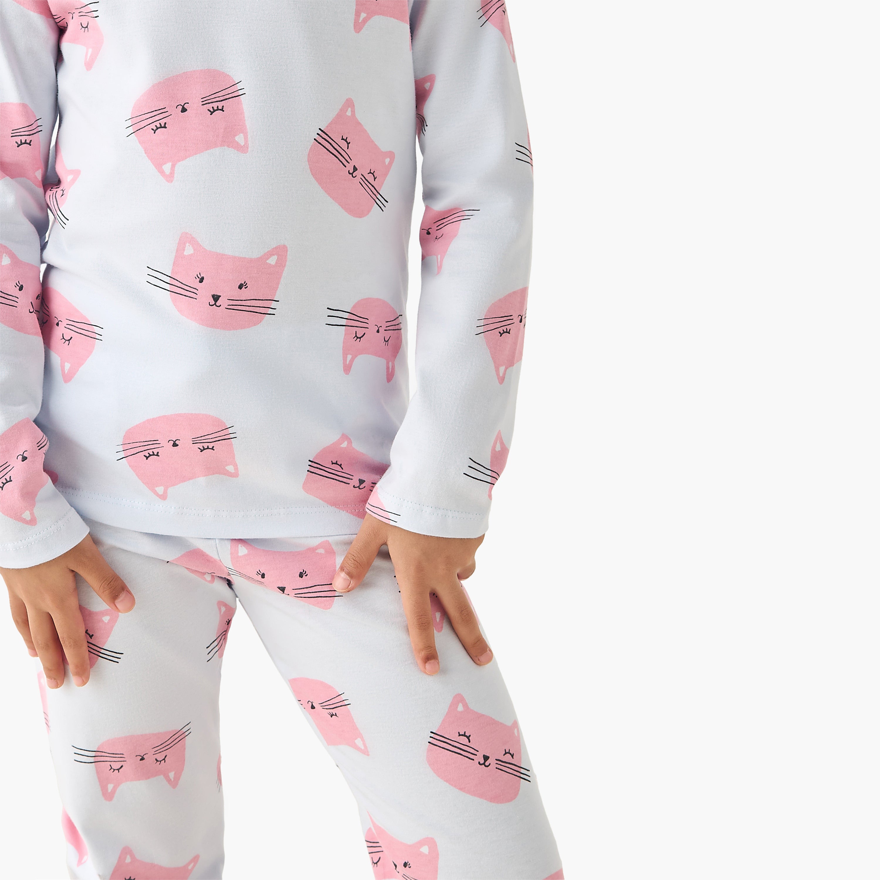 Juniors Cotton Crew Neck Long Sleeves Pyjama Set with Cat Print