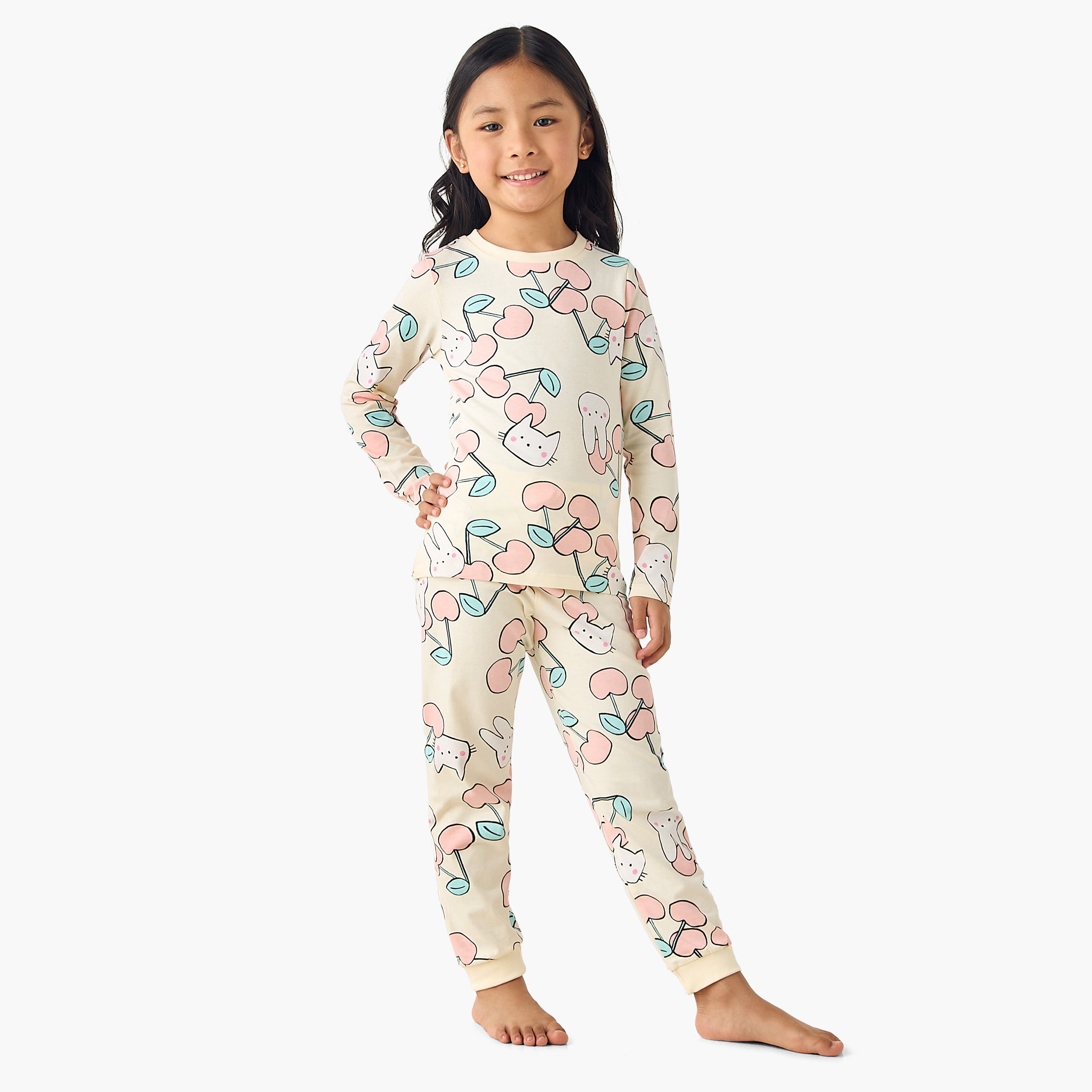Juniors Cotton Crew Neck Long Sleeves Pyjama Set with Print - Yellow / 5-6 yrs