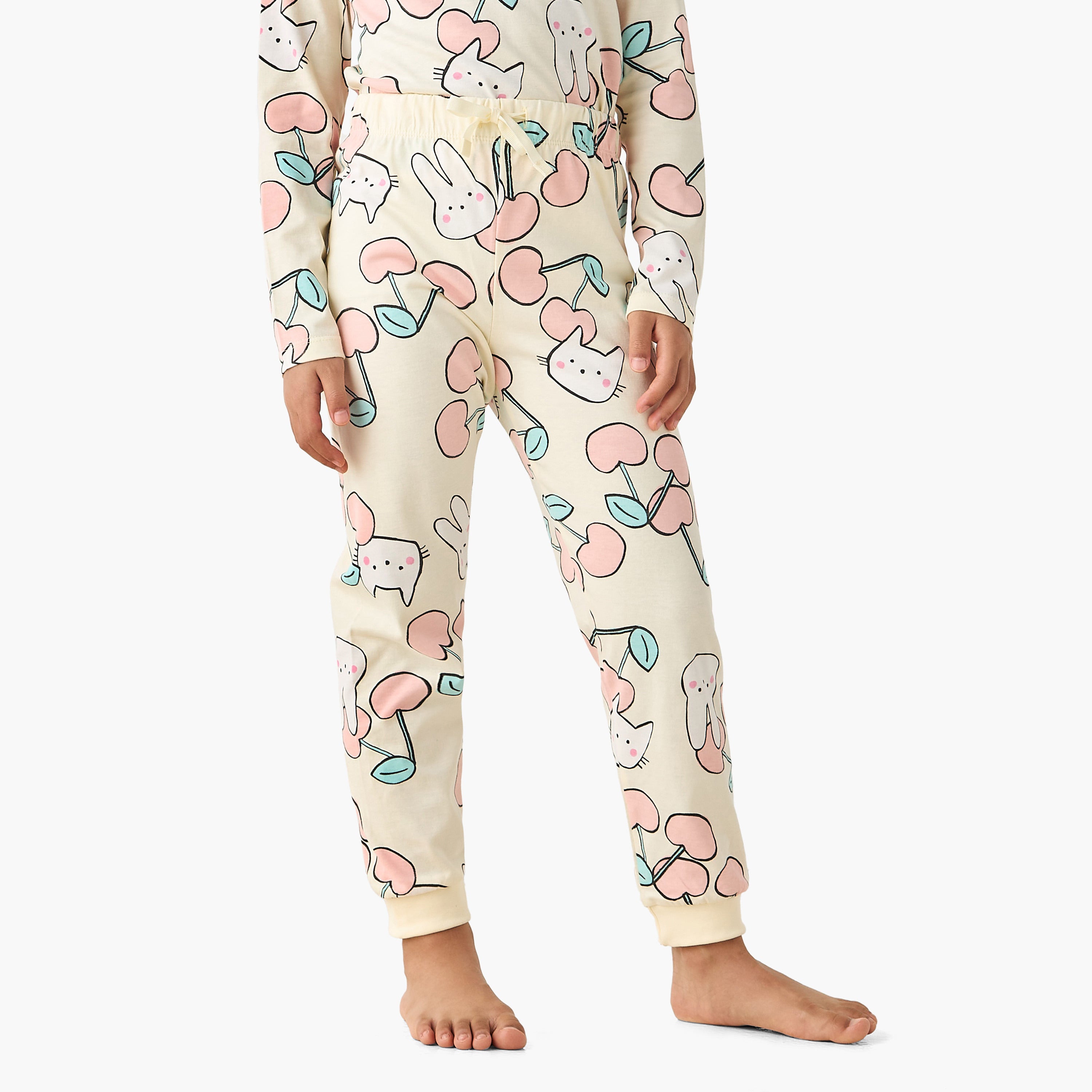 Juniors Cotton Crew Neck Long Sleeves Pyjama Set with Print