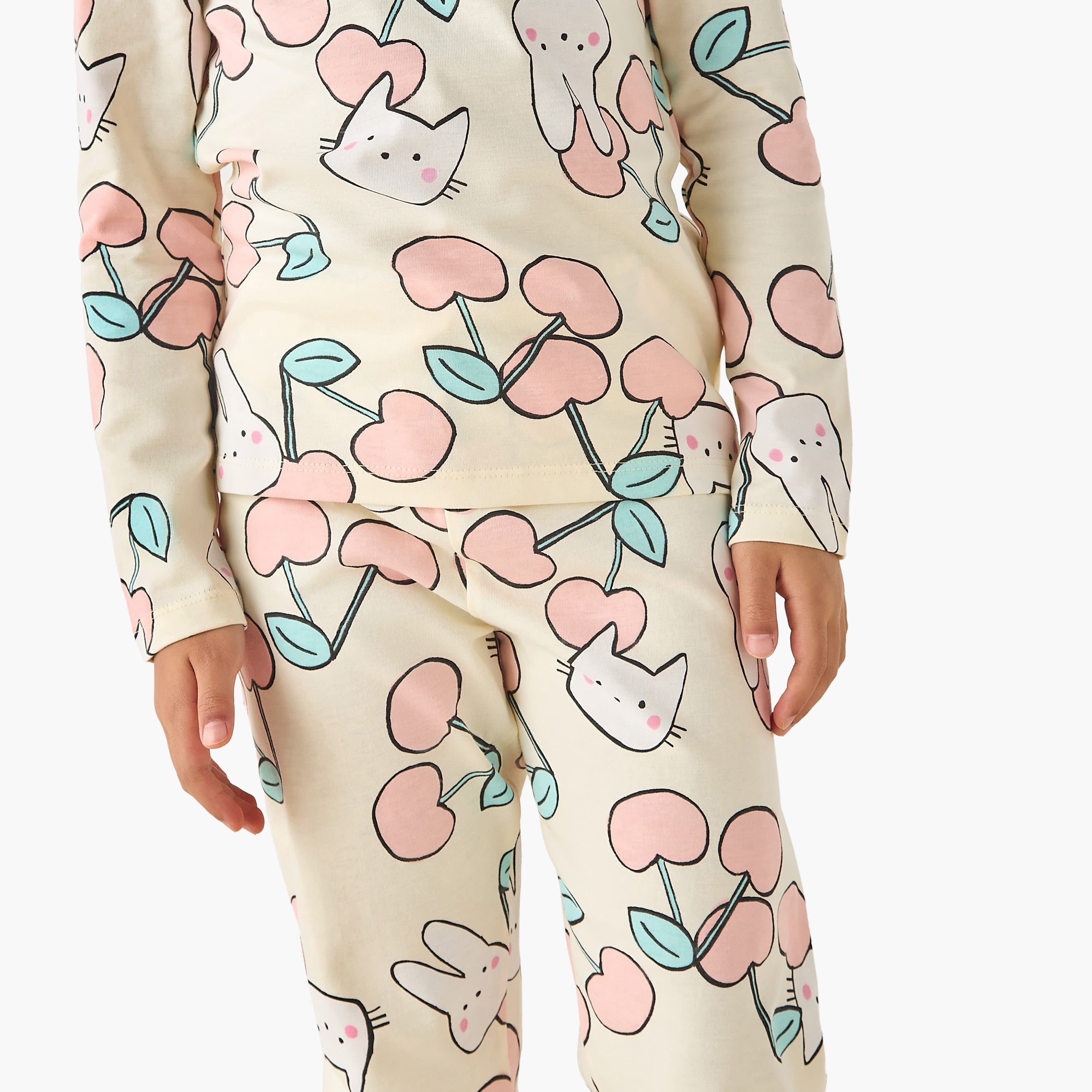Juniors Cotton Crew Neck Long Sleeves Pyjama Set with Print