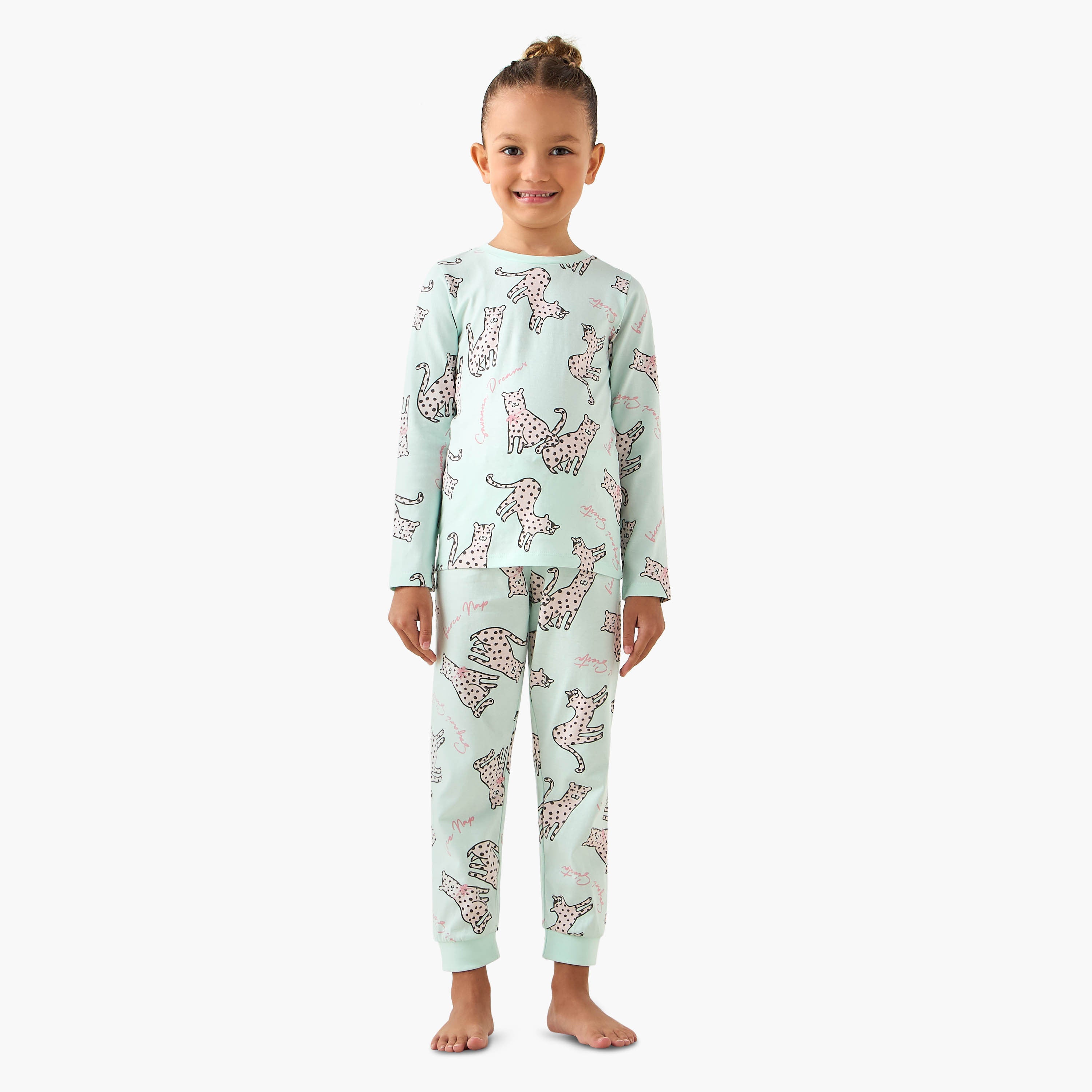Juniors Cotton Crew Neck Long Sleeves Pyjama Set with Print - Green / 2-3 yrs