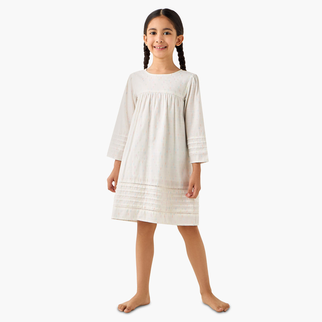 Juniors Cotton Round Neck Long Sleeves Night Dress with Textured Design